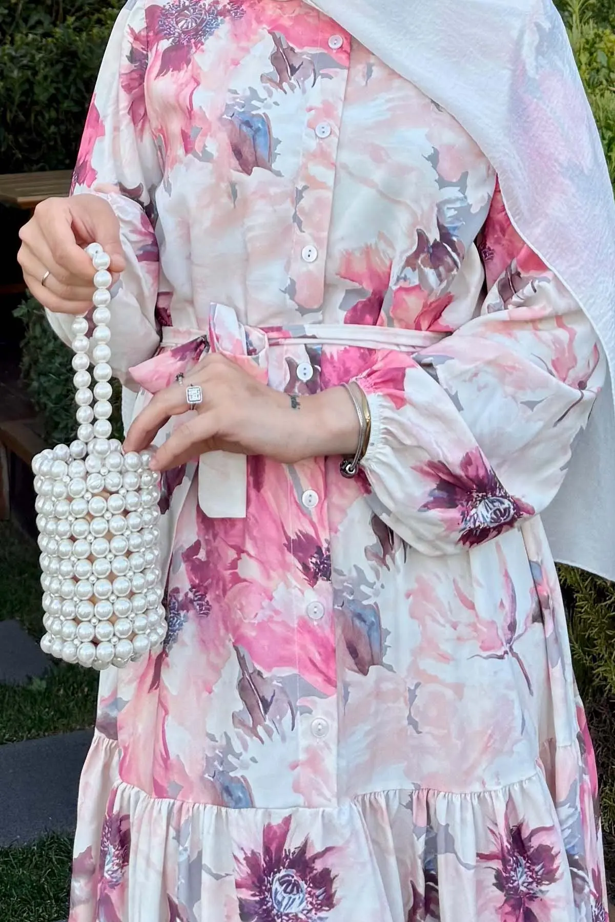 Desenli Tesettür Elbise Gül Kurusu-detail