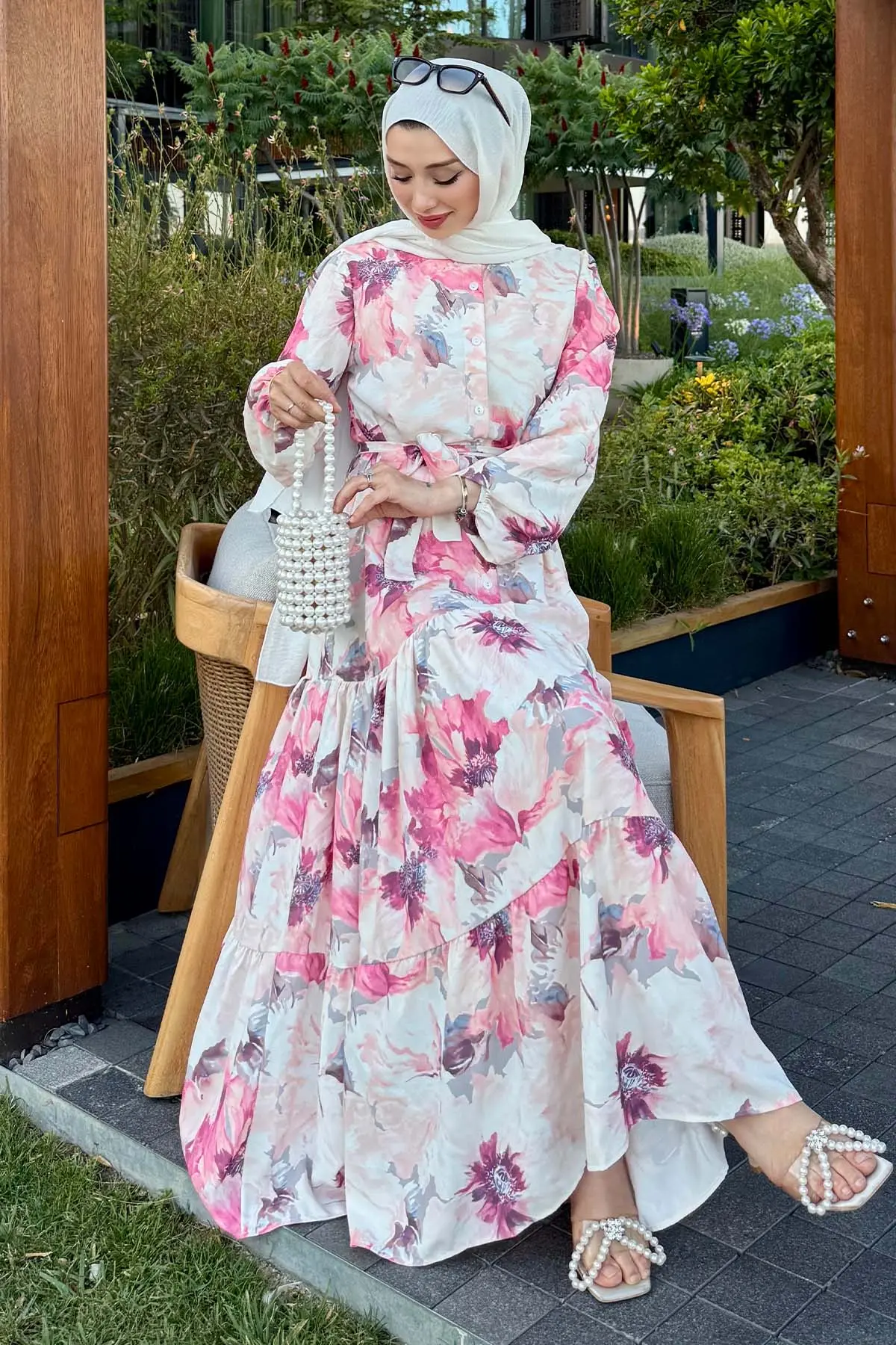 Desenli Tesettür Elbise Gül Kurusu-detail