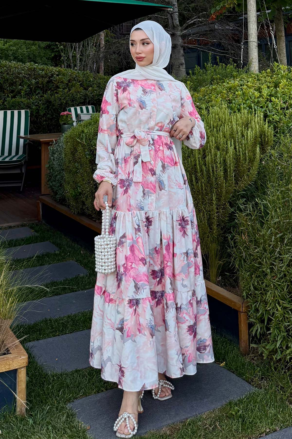 Patterned Hijab Dress Dusty Rose