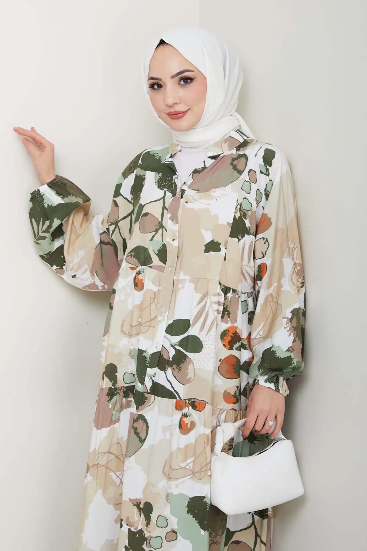Desenli Tesettür Elbise Haki 4731-detail
