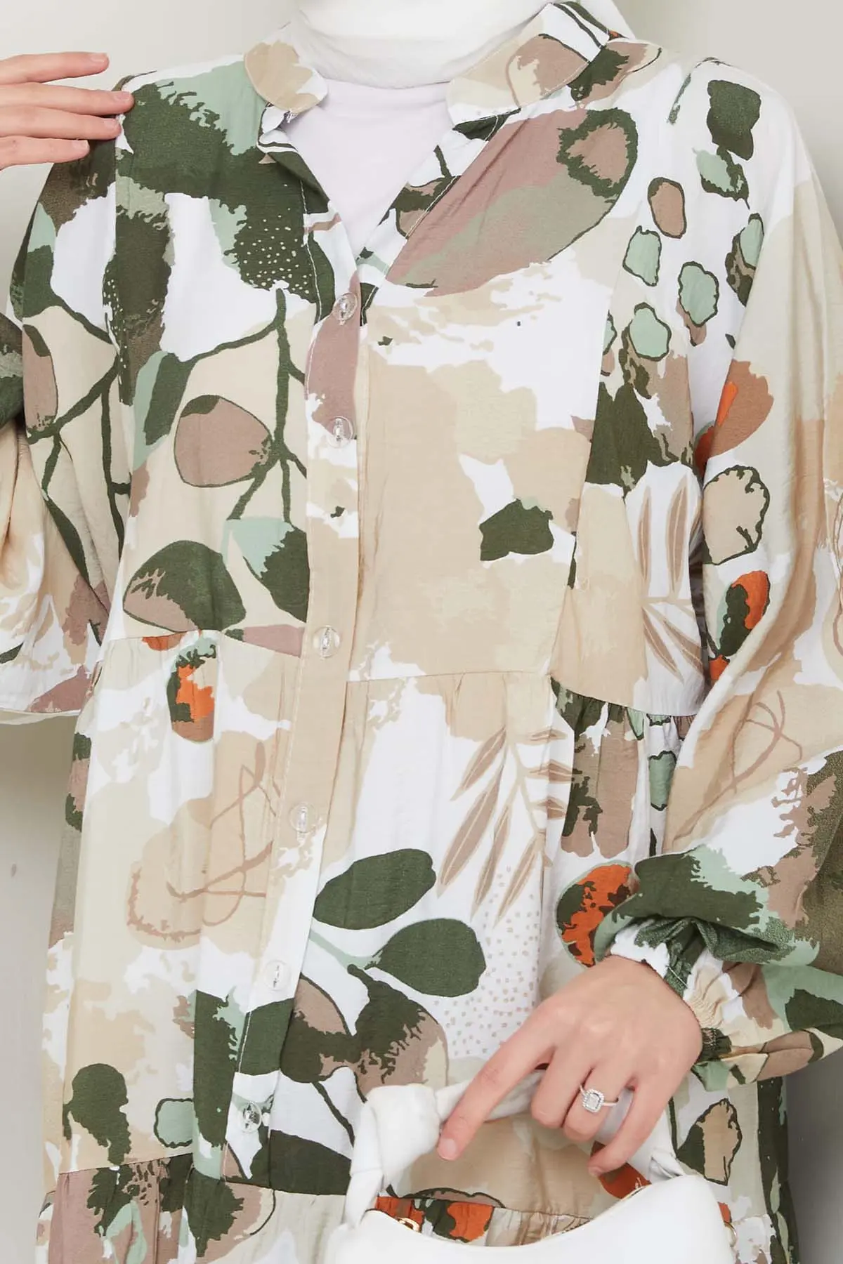 Desenli Tesettür Elbise Haki 4731-detail