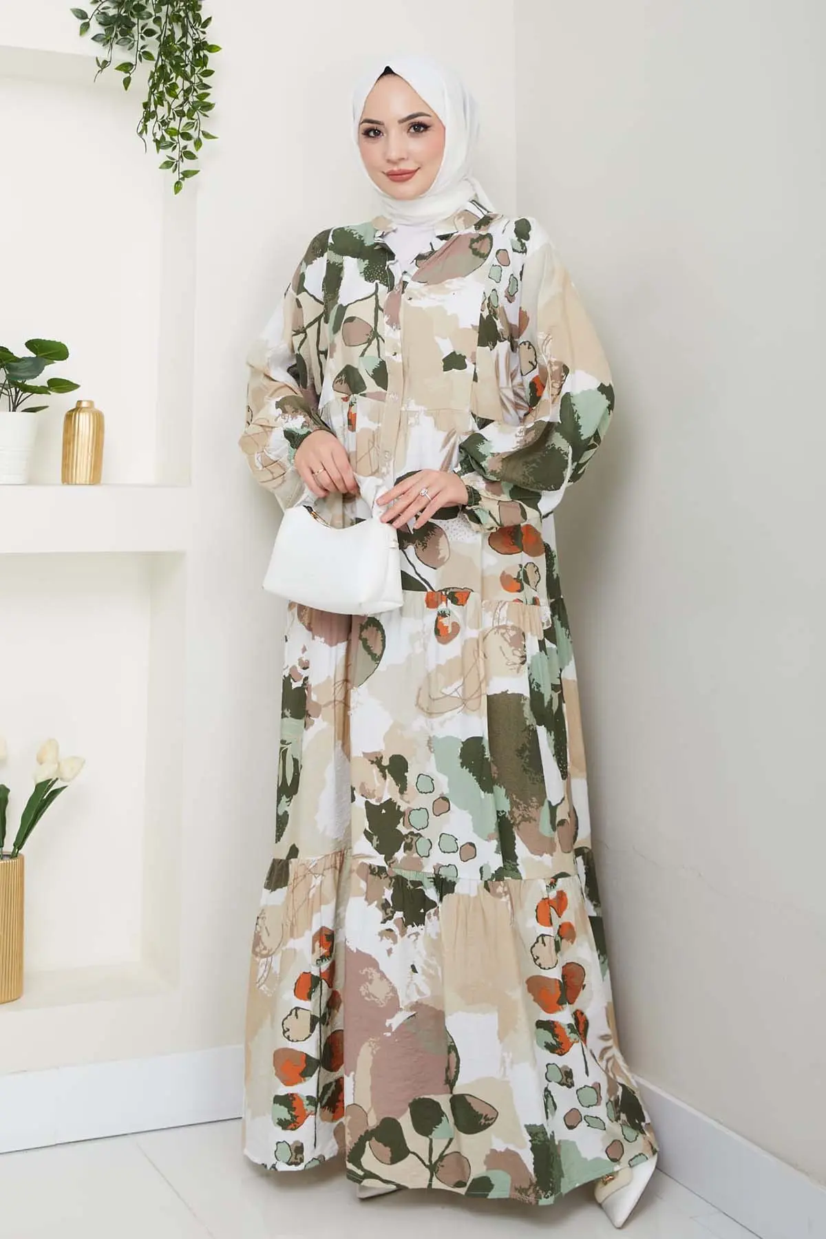 Desenli Tesettür Elbise Haki 4731-detail