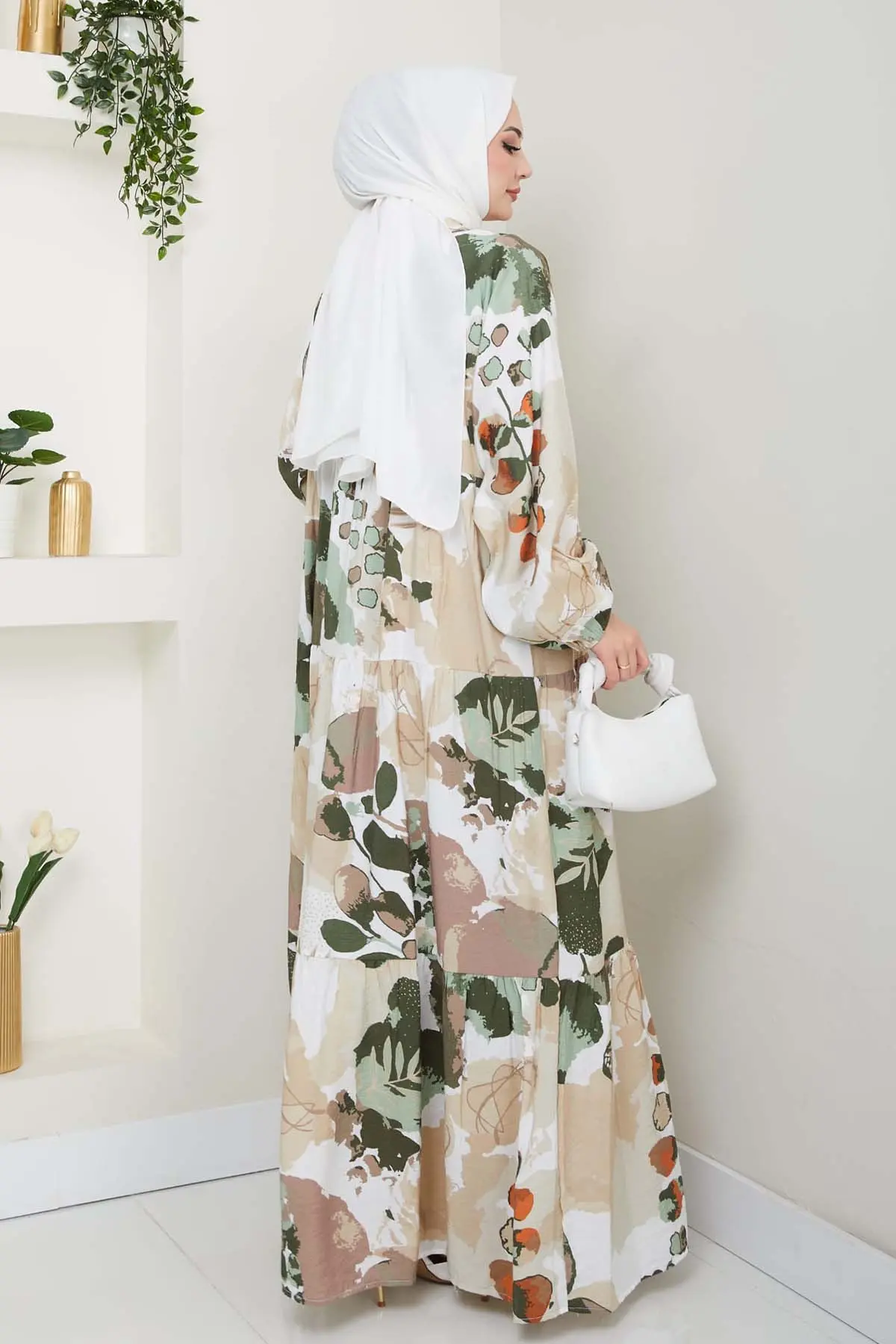 Desenli Tesettür Elbise Haki 4731-detail