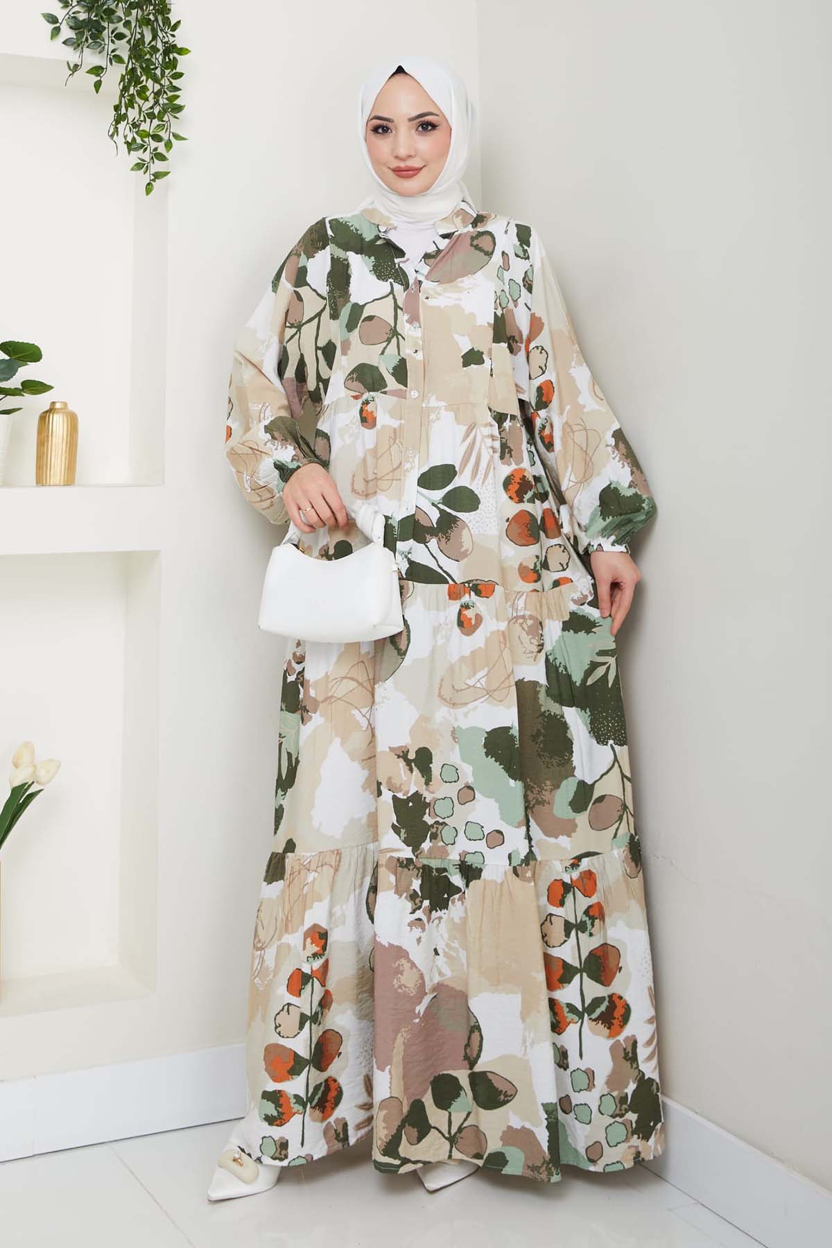 Desenli Tesettür Elbise Haki 4731
