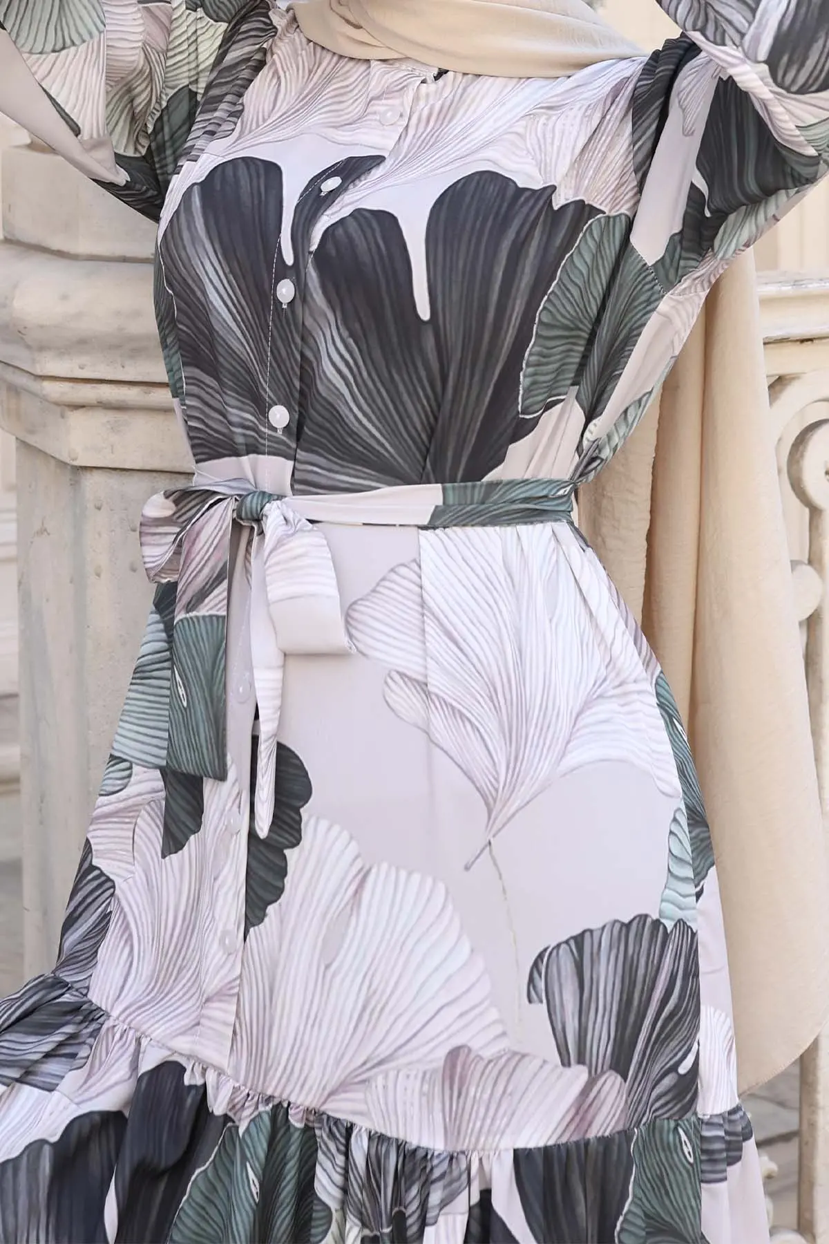 Desenli Tesettür Elbise Haki 540-detail