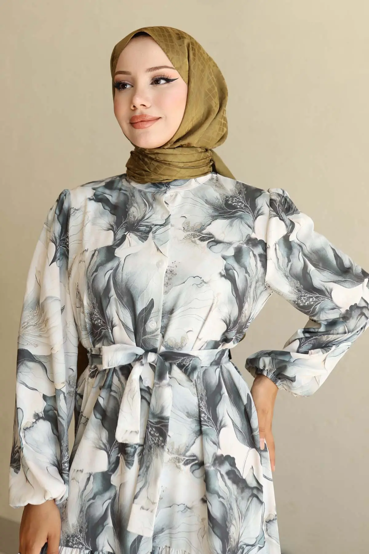 Desenli Tesettür Elbise Haki 561-detail