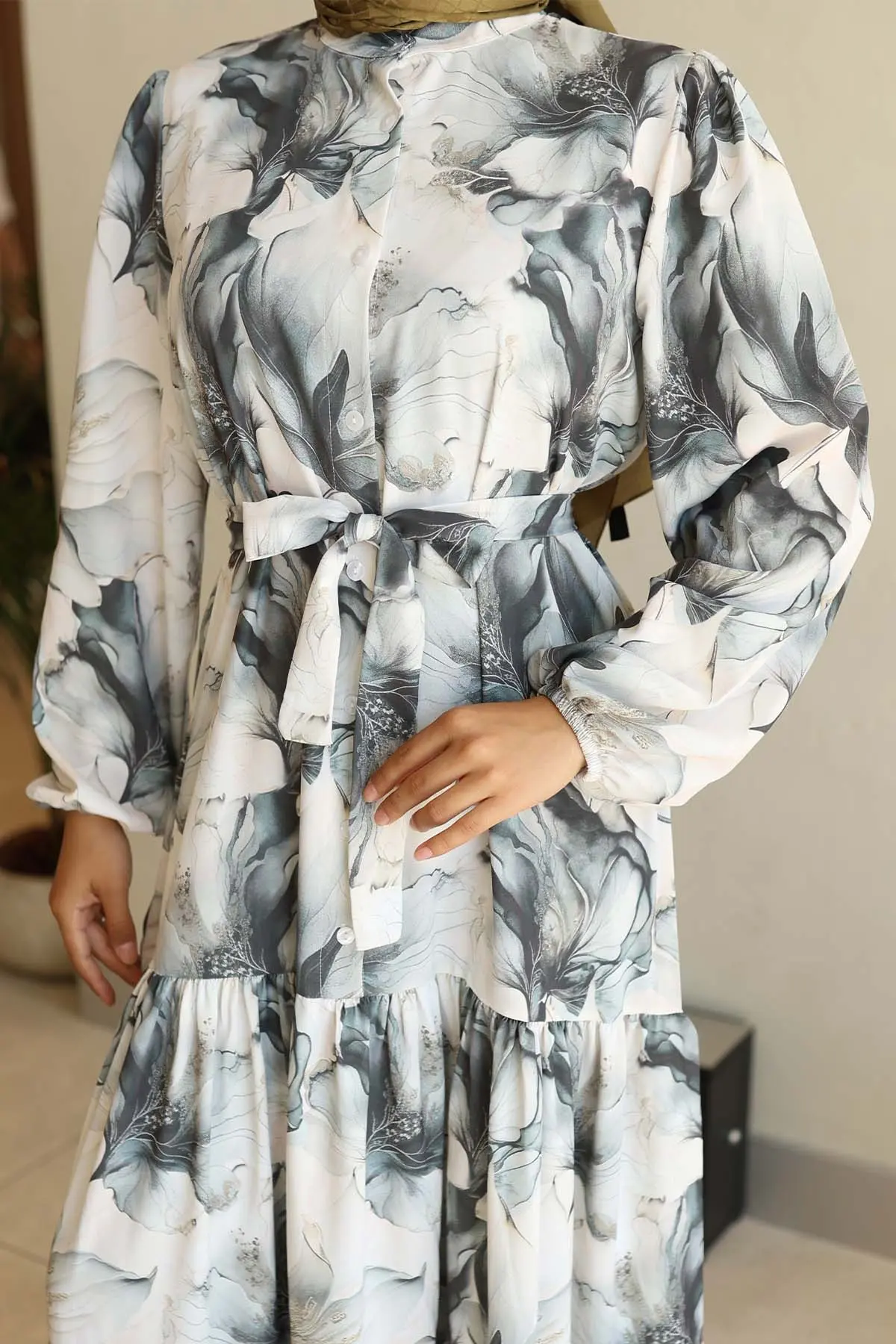 Desenli Tesettür Elbise Haki 561-detail