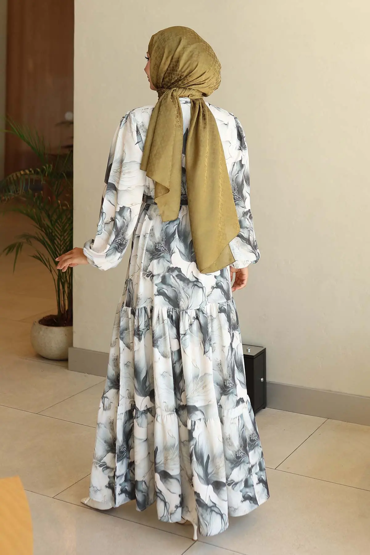Desenli Tesettür Elbise Haki 561-detail