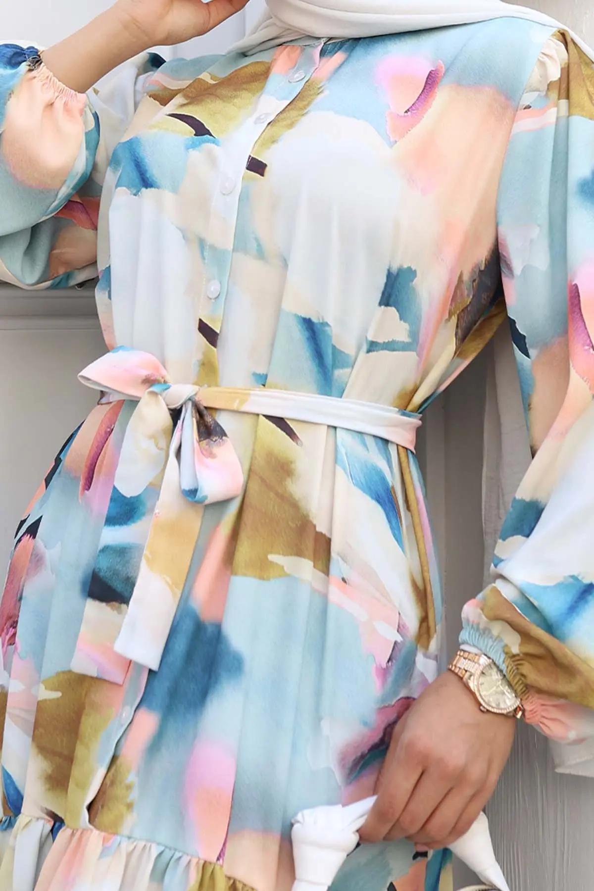 Desenli Tesettür Elbise Hardal 516-detail