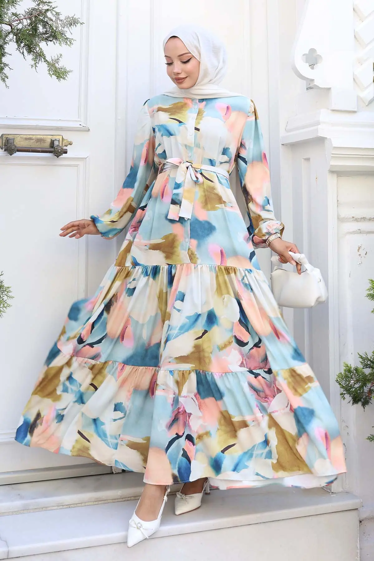 Desenli Tesettür Elbise Hardal 516-detail