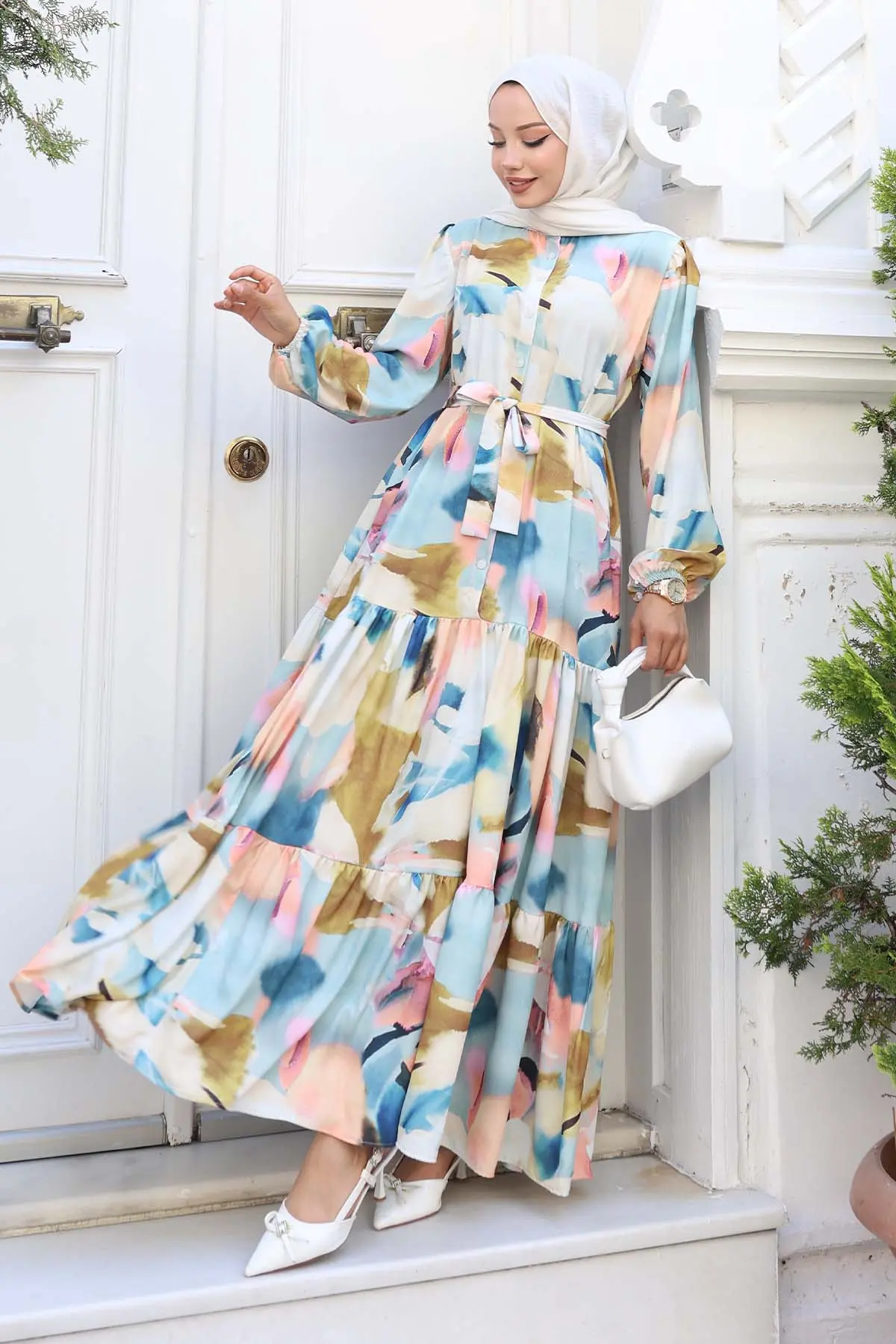 Desenli Tesettür Elbise Hardal 516-detail