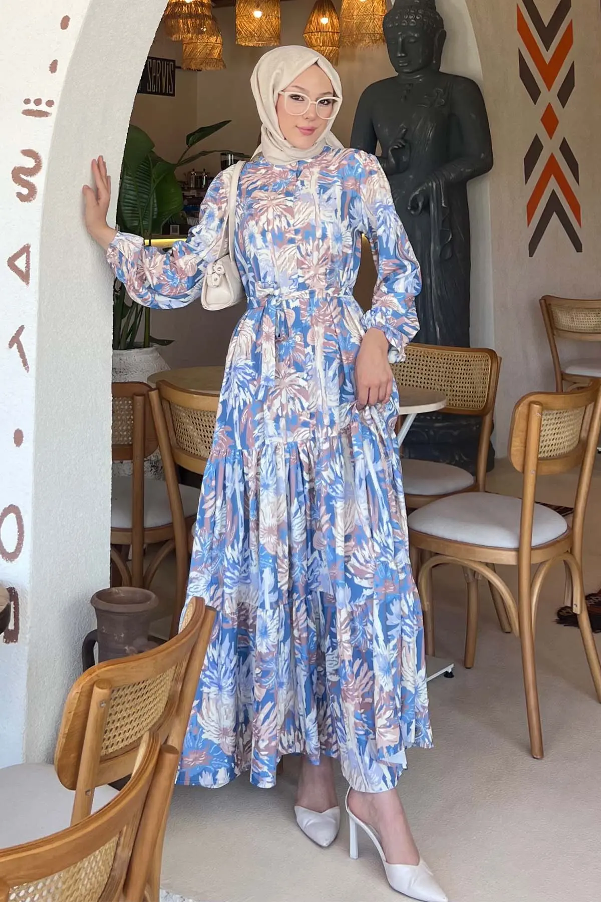 Desenli Tesettür Elbise İndigo 500-detail