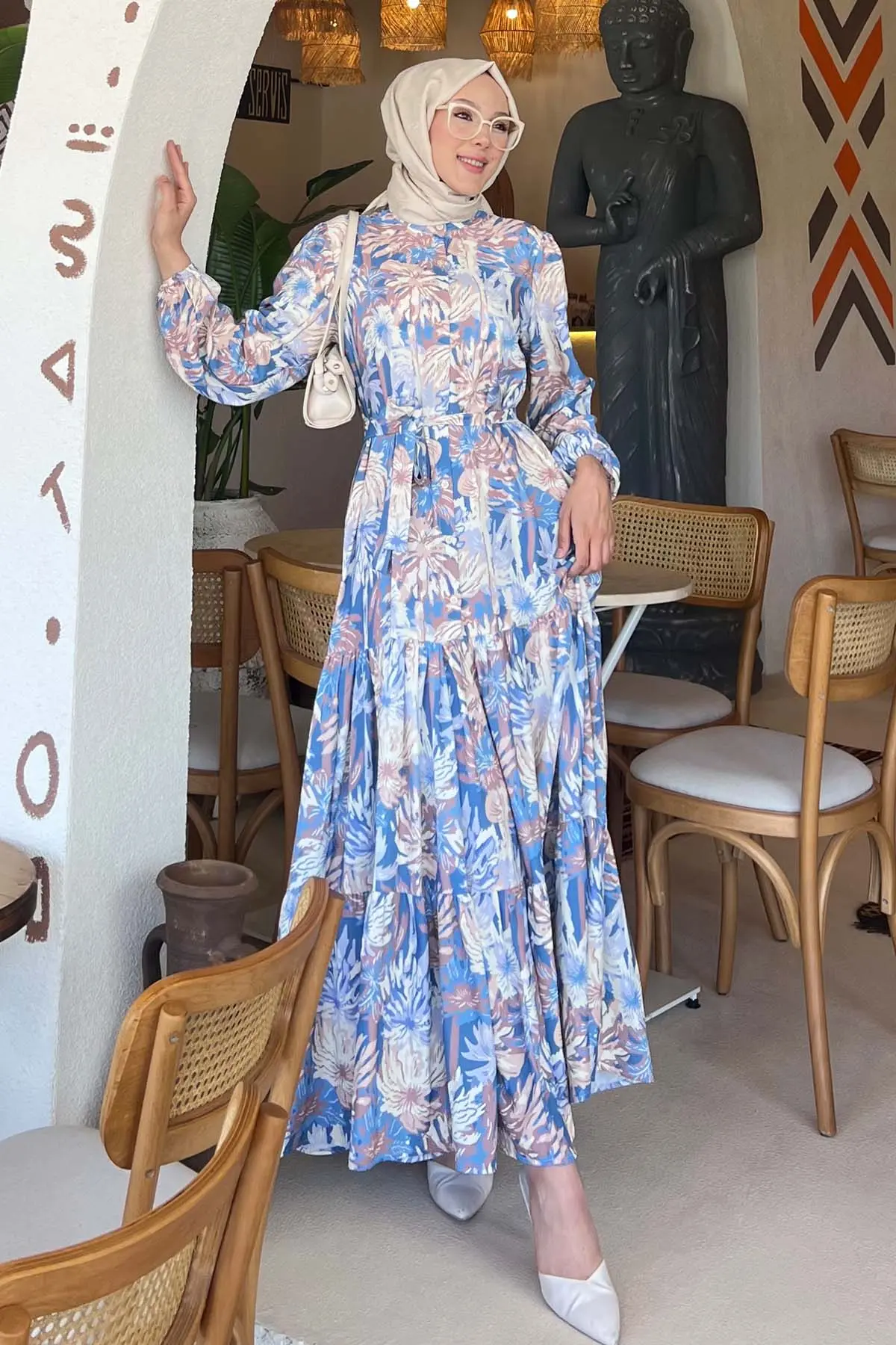 Desenli Tesettür Elbise İndigo 500-detail