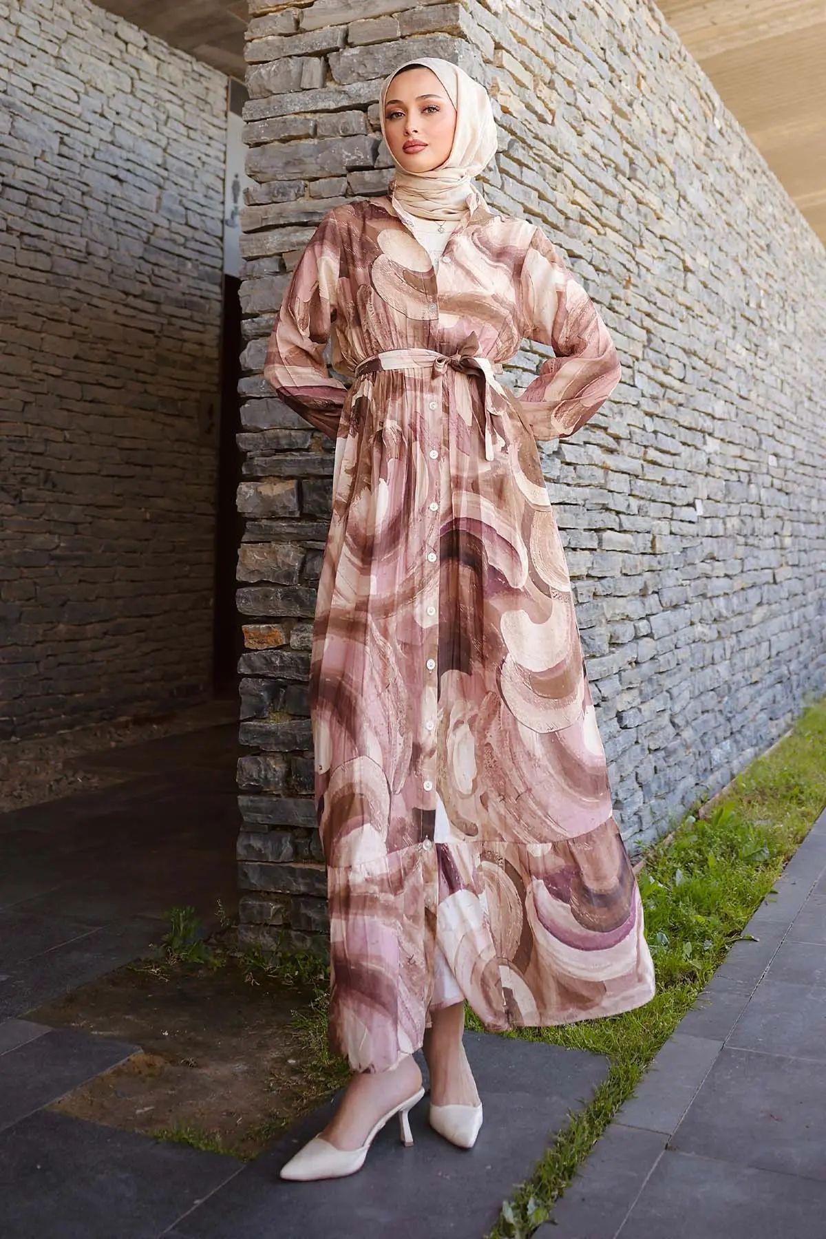 Desenli Tesettür Elbise Kahverengi 4884-detail