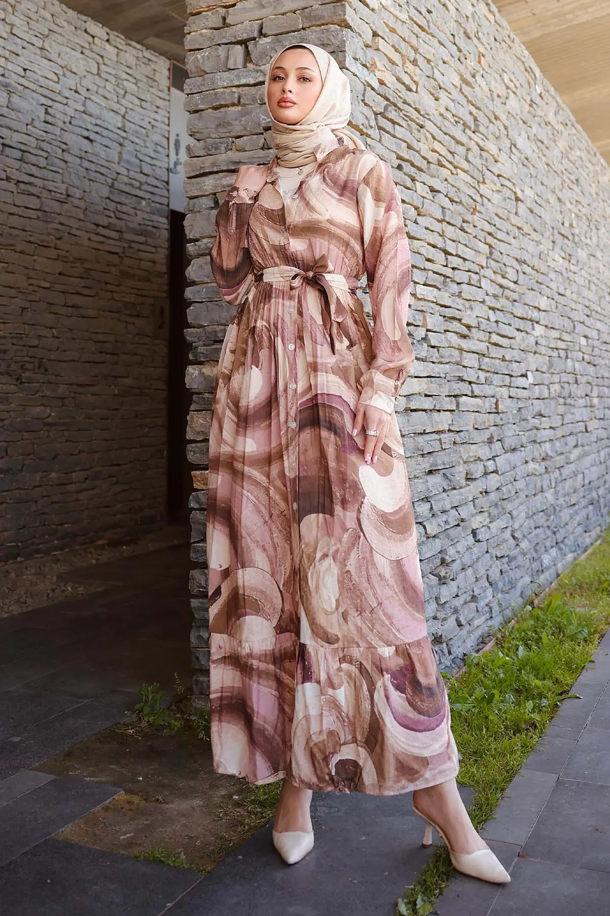 Desenli Tesettür Elbise Kahverengi 4884-detail