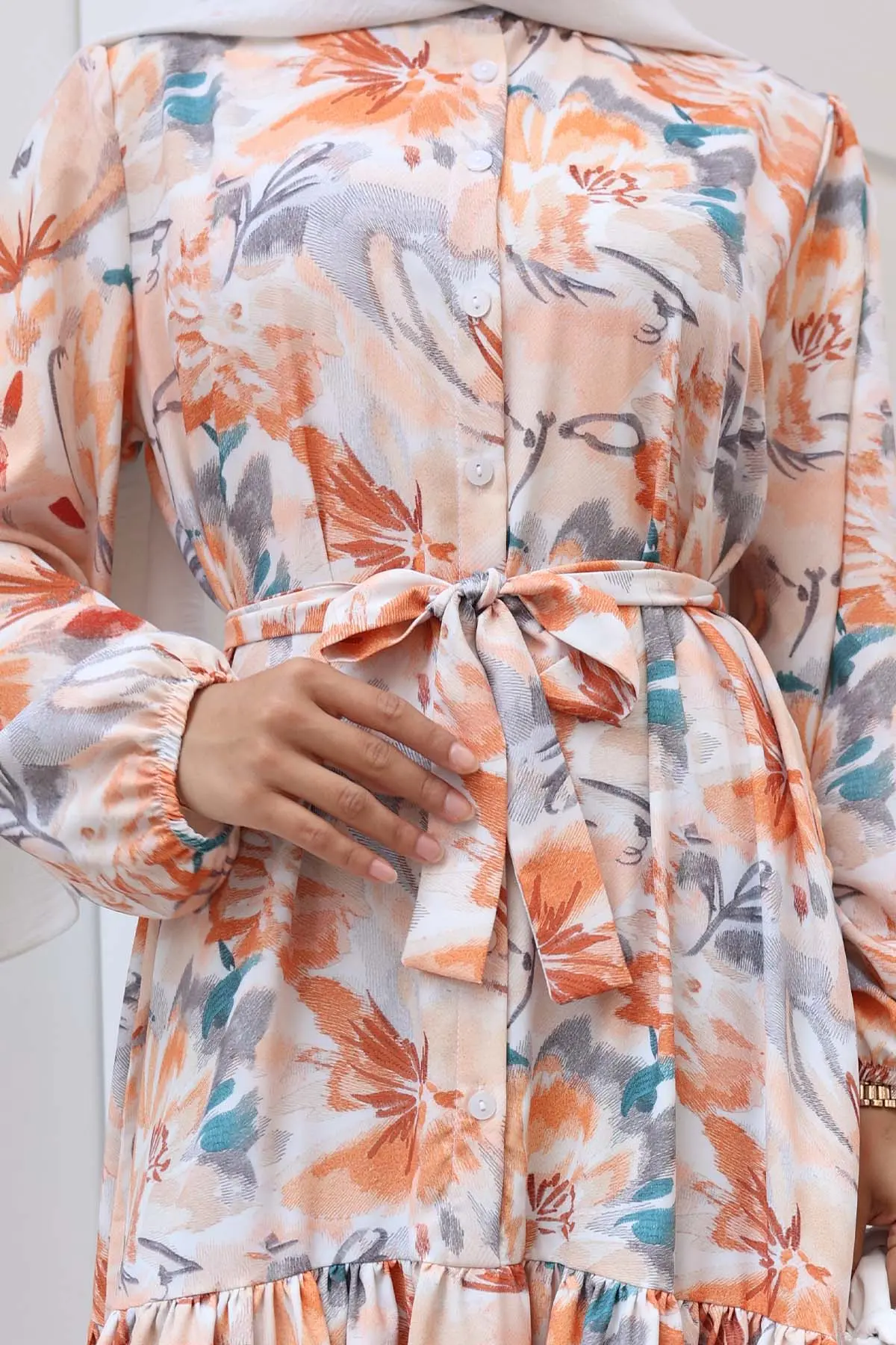 Desenli Tesettür Elbise Kiremit 531-detail