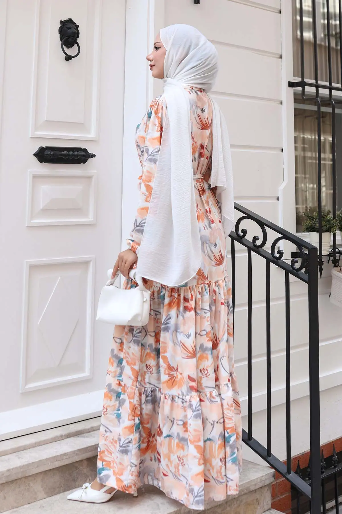 Desenli Tesettür Elbise Kiremit 531-detail