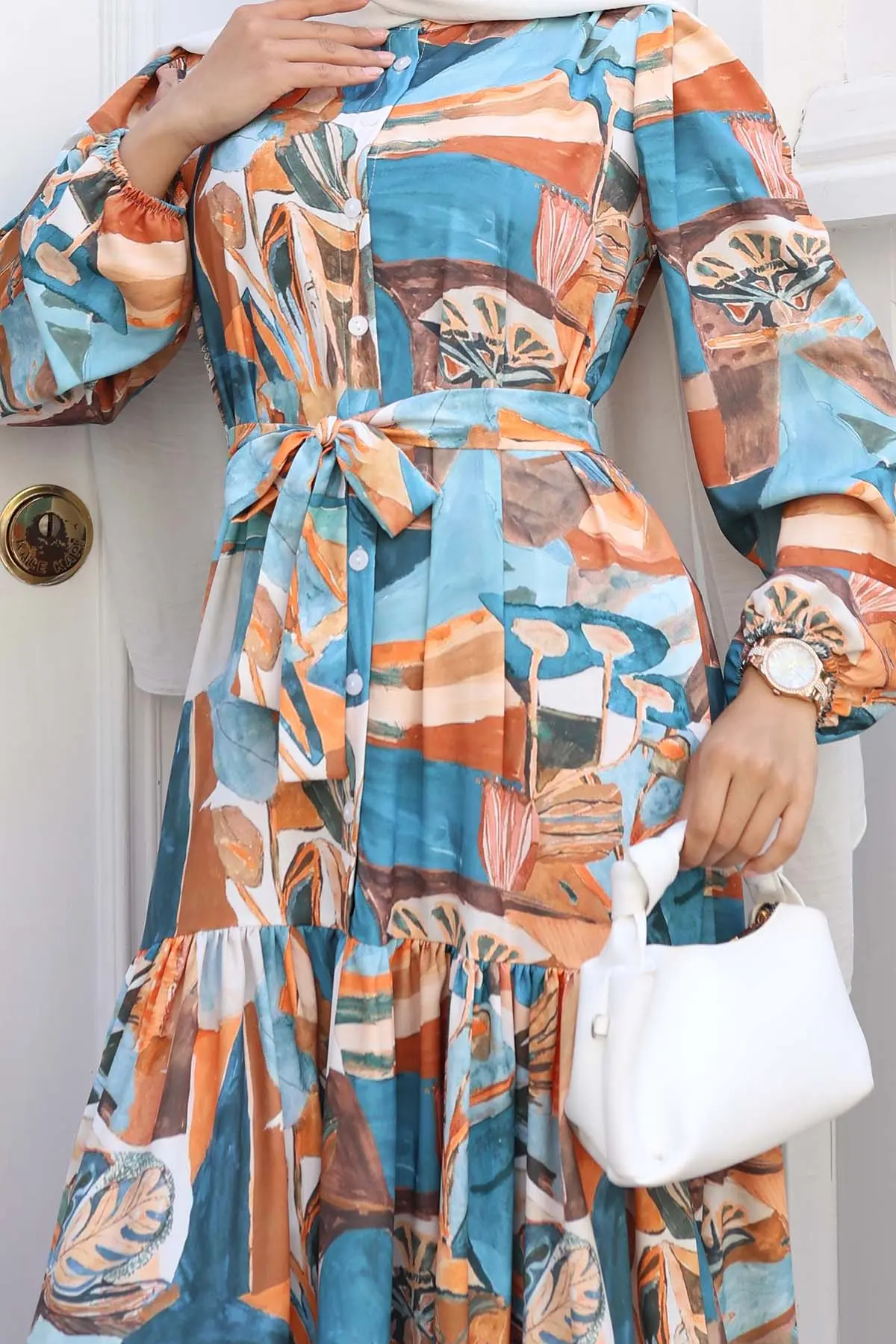 Desenli Tesettür Elbise Kiremit 542-detail