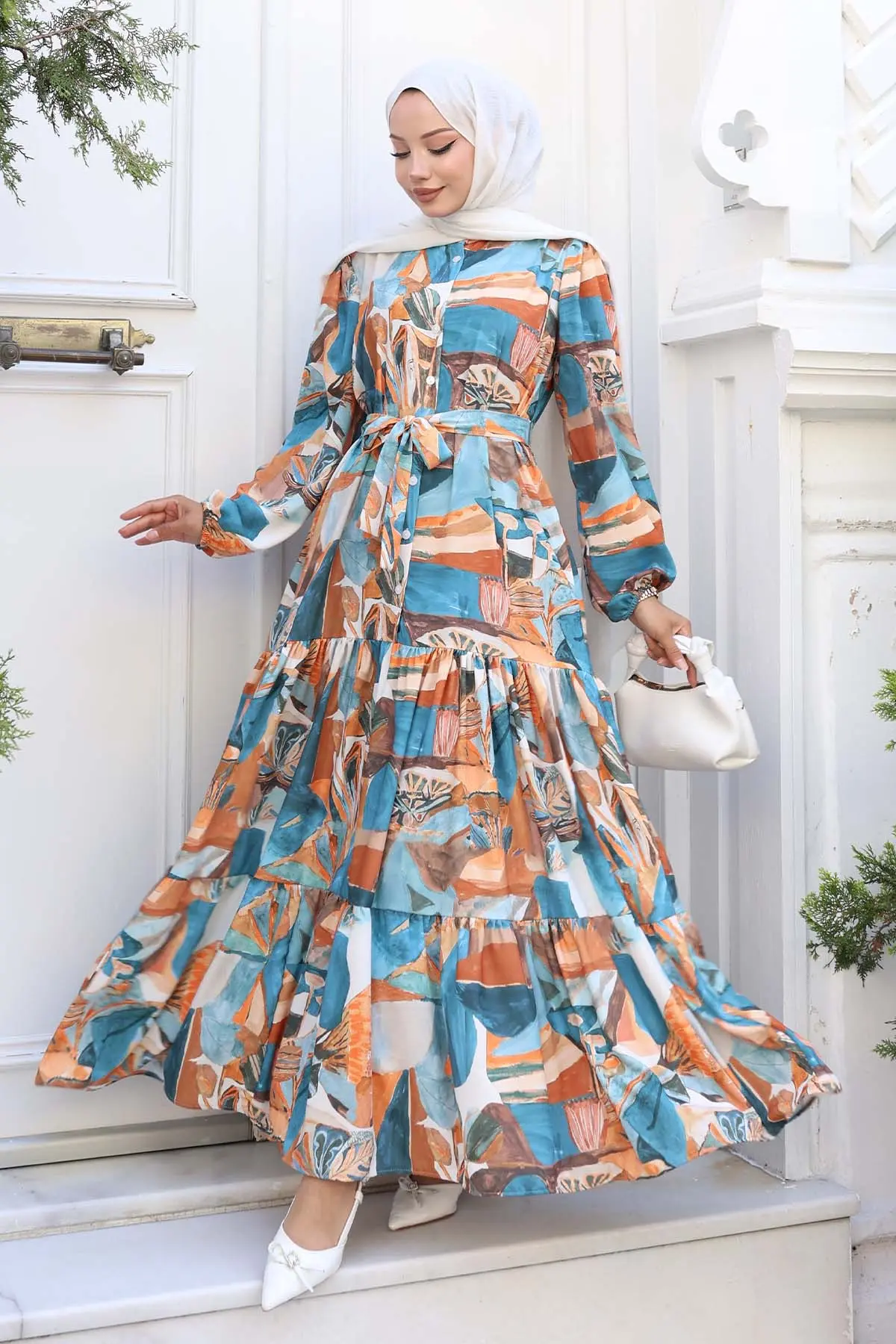 Desenli Tesettür Elbise Kiremit 542-detail