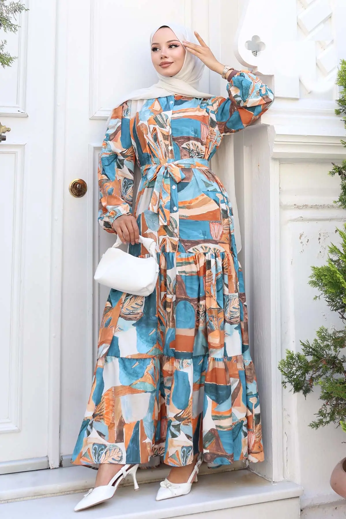 Desenli Tesettür Elbise Kiremit 542-detail