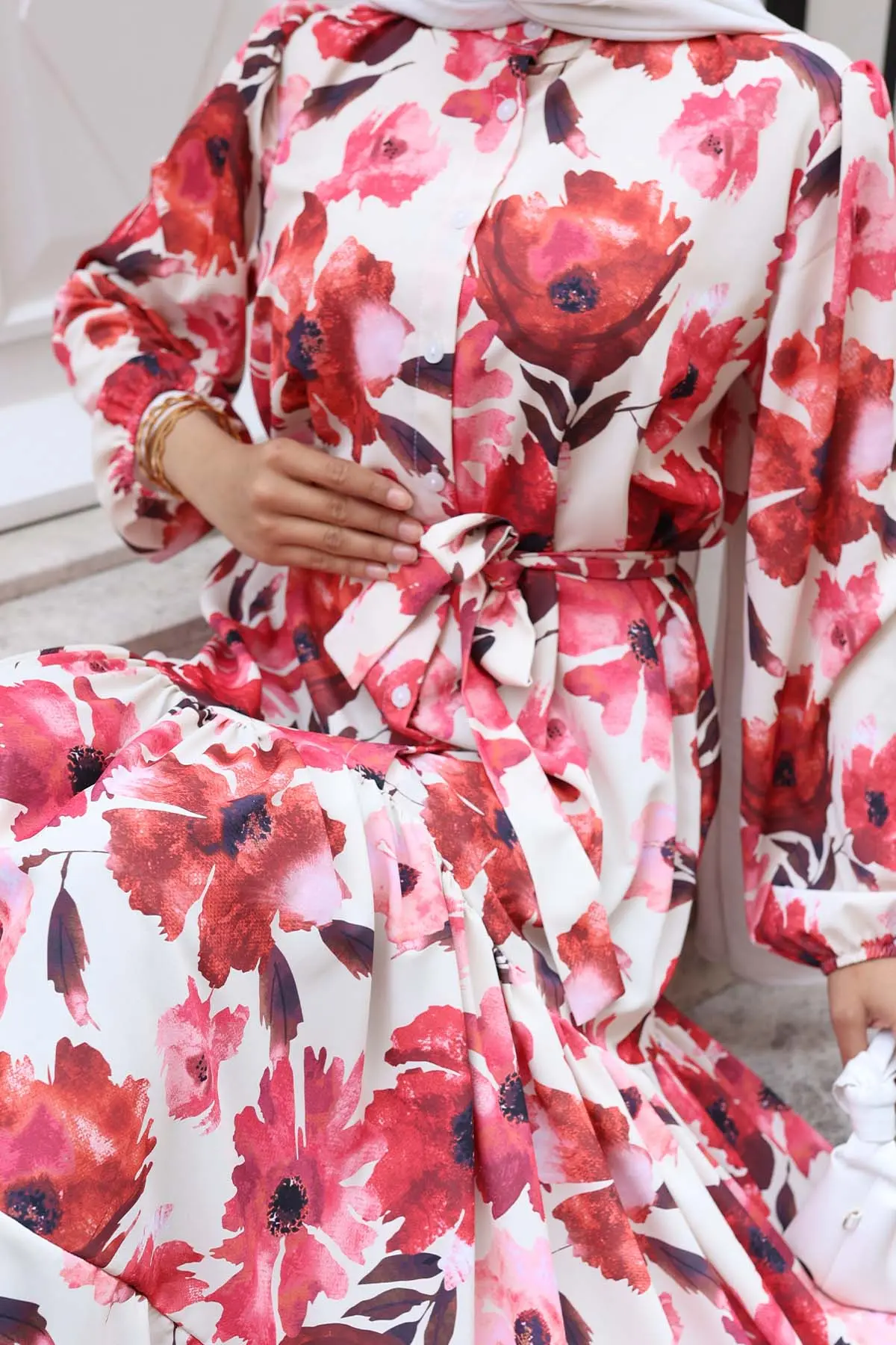 Desenli Tesettür Elbise Kırmızı 524-detail