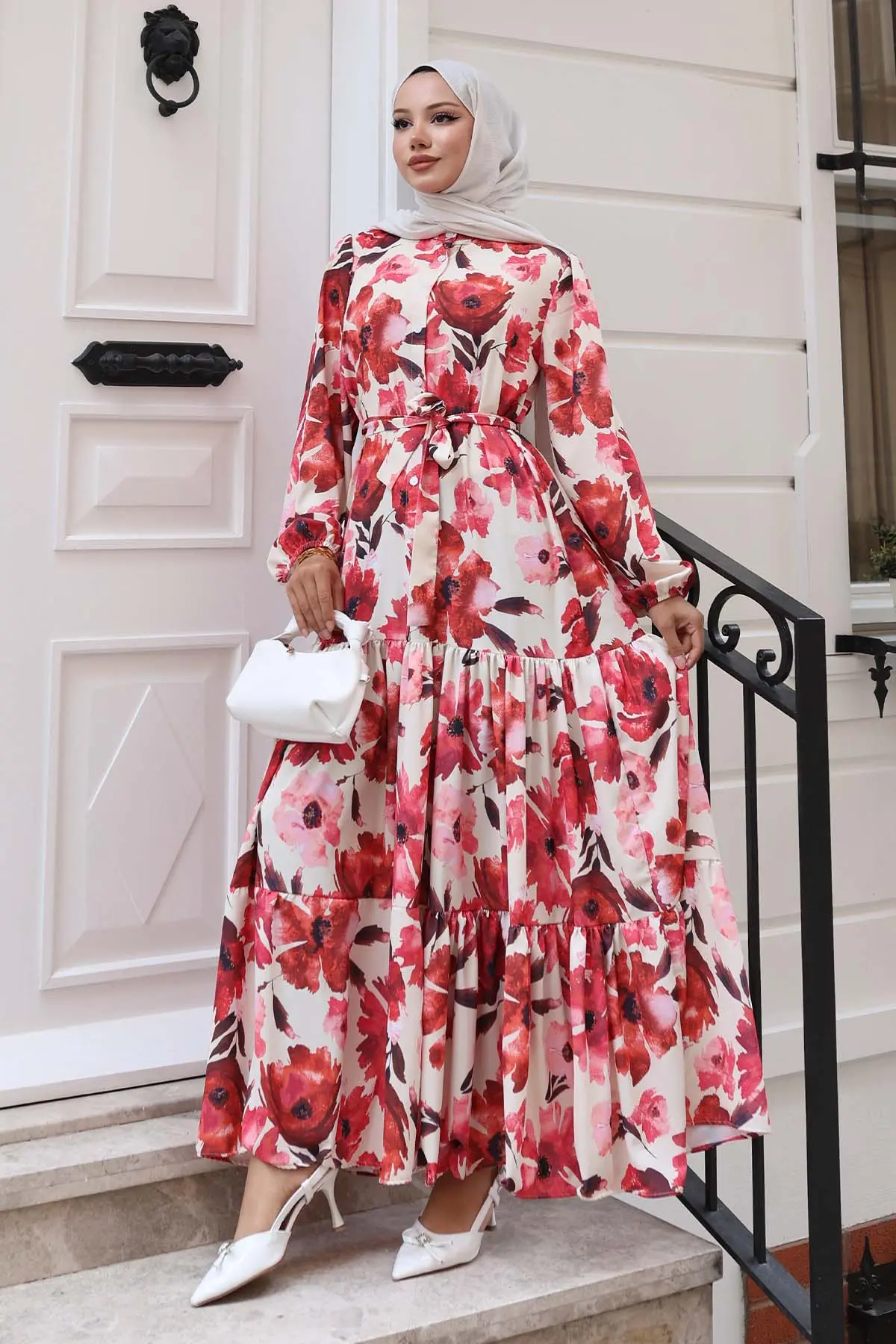 Desenli Tesettür Elbise Kırmızı 524-detail