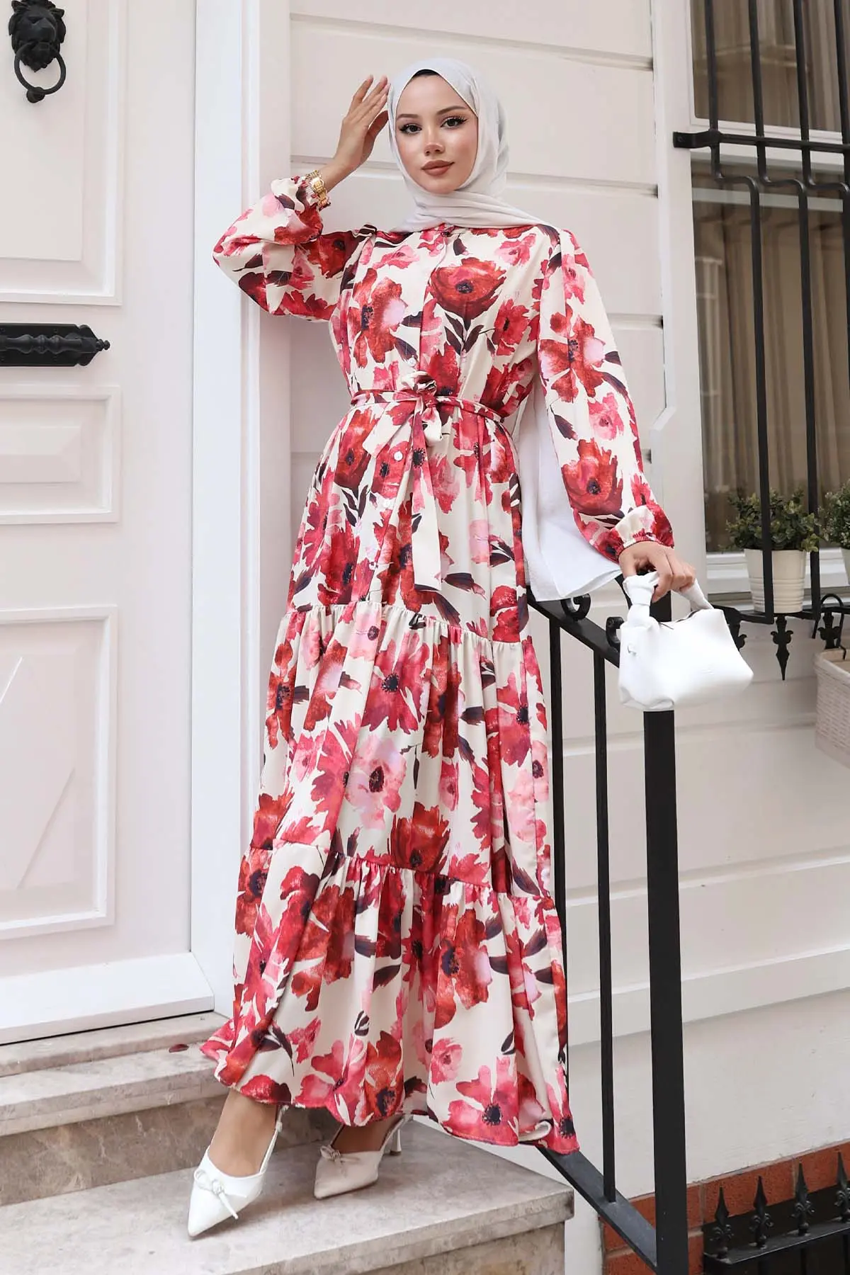 Desenli Tesettür Elbise Kırmızı 524-detail