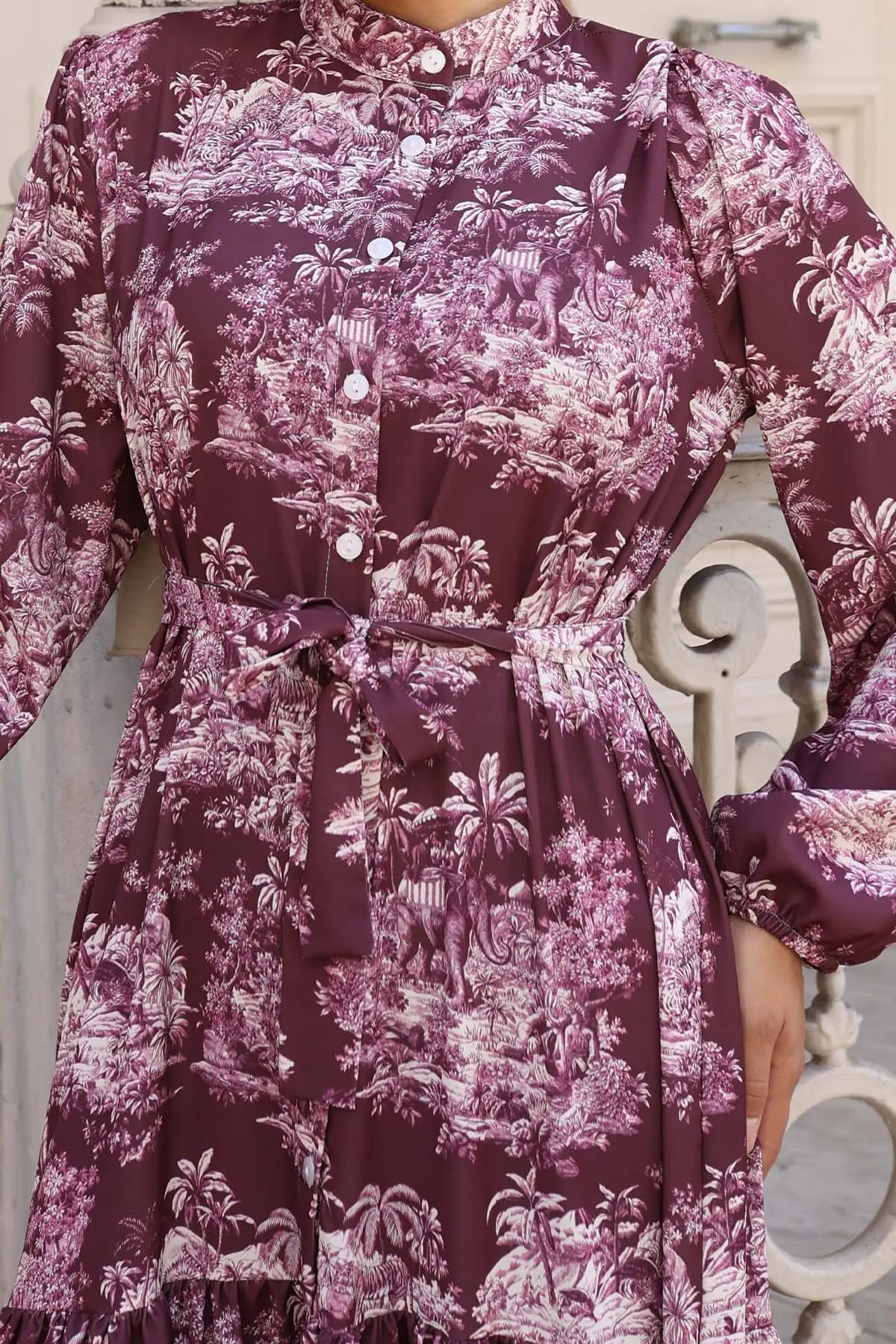 Desenli Tesettür Elbise Koyu Mor 556-detail