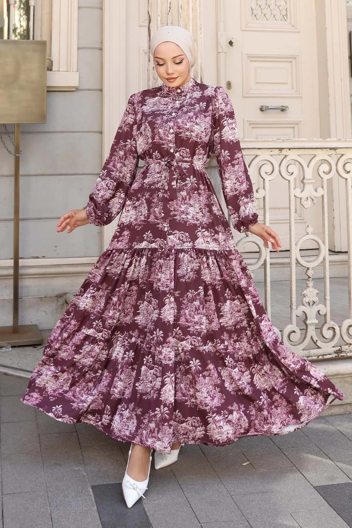 Desenli Tesettür Elbise Koyu Mor 556-detail