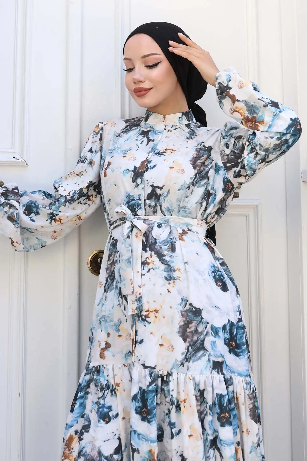 Desenli Tesettür Elbise Krem 553-detail