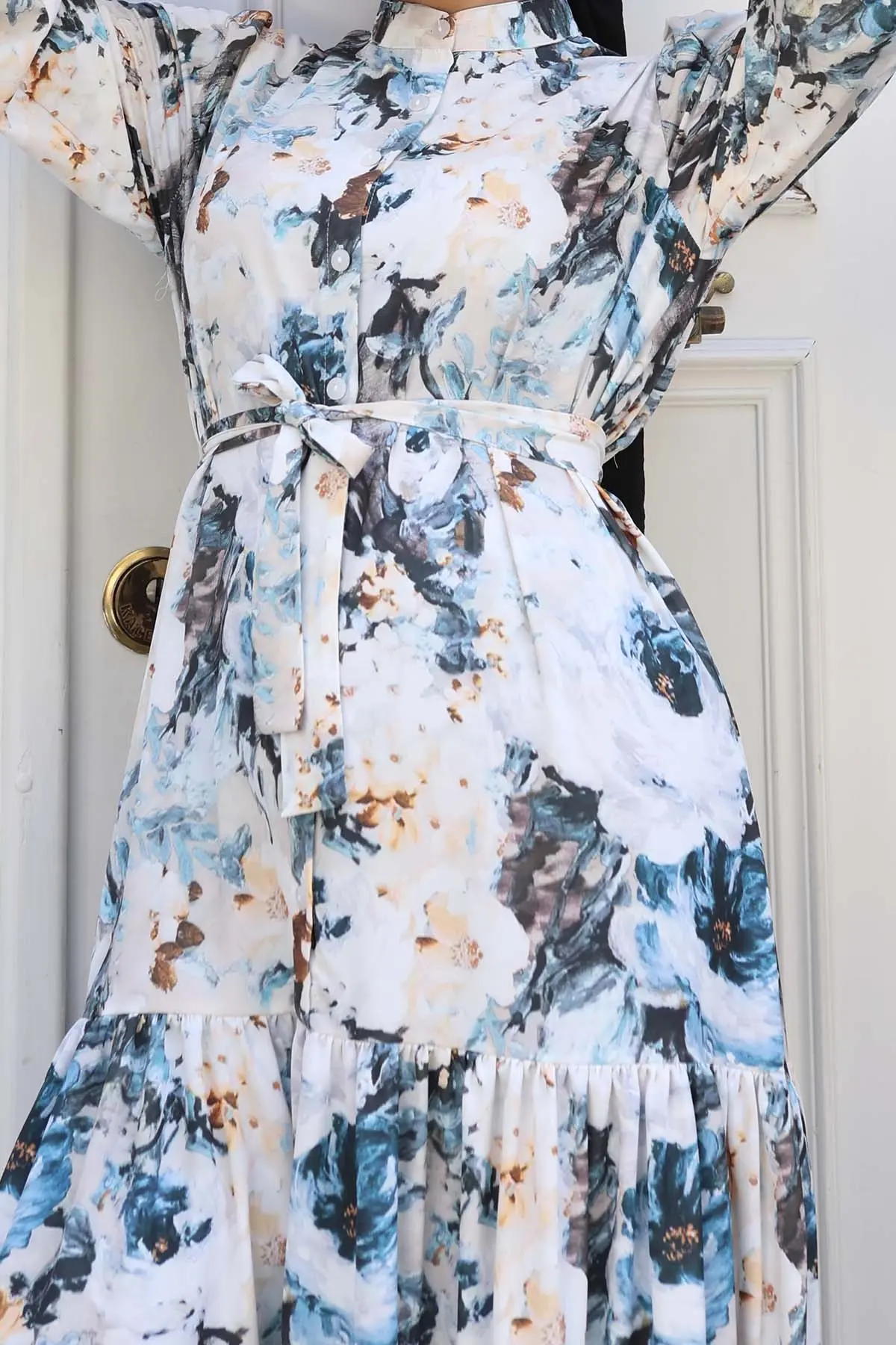 Desenli Tesettür Elbise Krem 553-detail