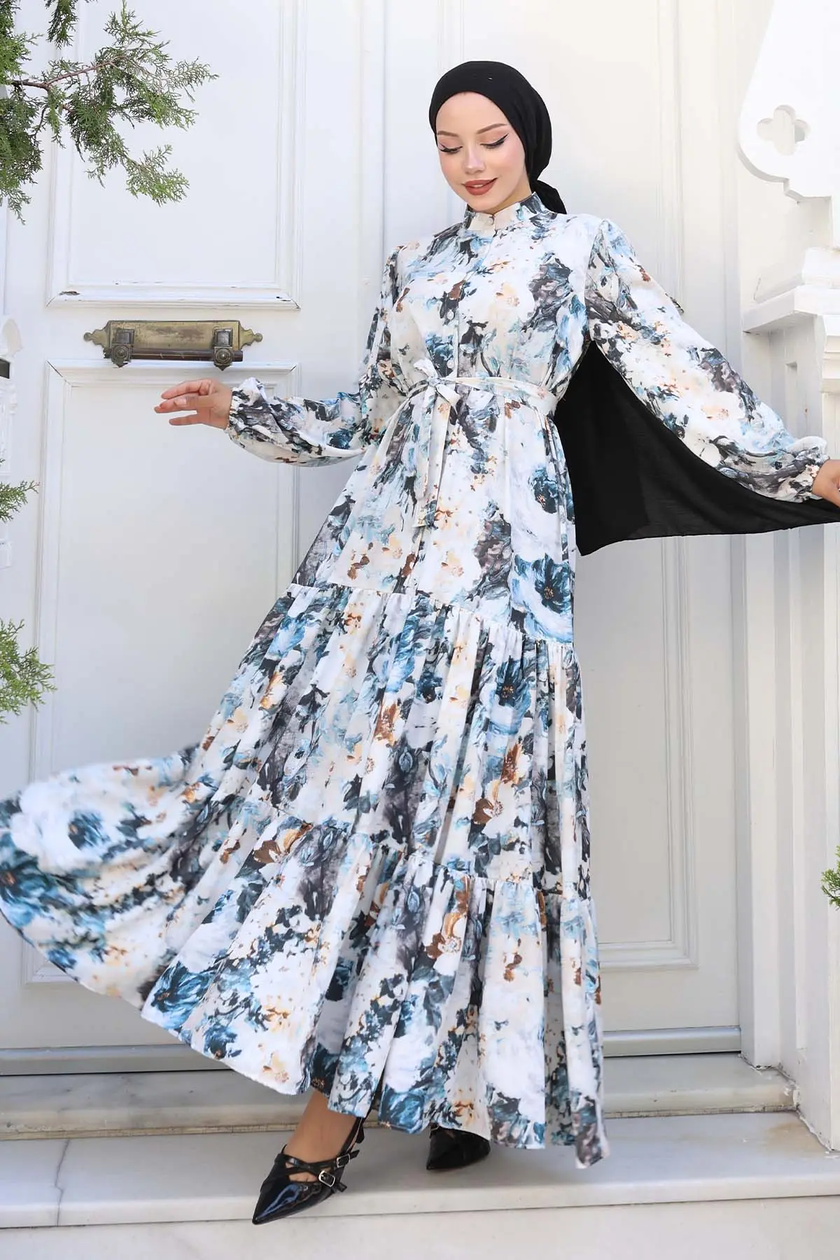 Desenli Tesettür Elbise Krem 553-detail