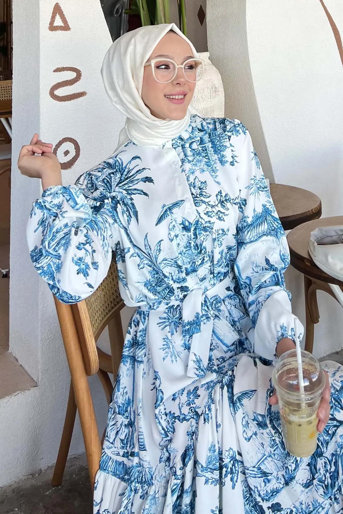 Desenli Tesettür Elbise Lacivert 506-detail