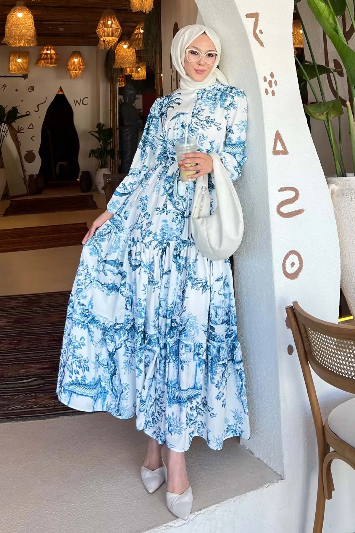 Desenli Tesettür Elbise Lacivert 506-detail