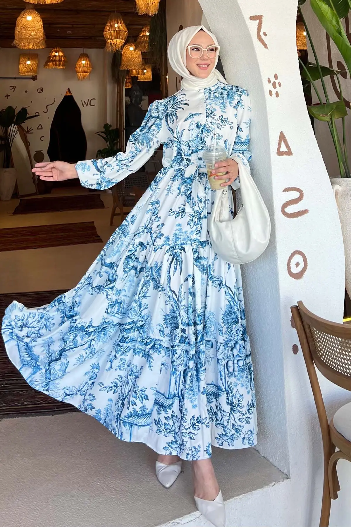 Desenli Tesettür Elbise Lacivert 506-detail