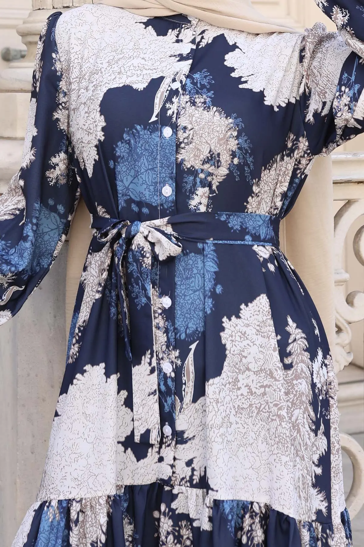 Desenli Tesettür Elbise Lacivert 508-detail