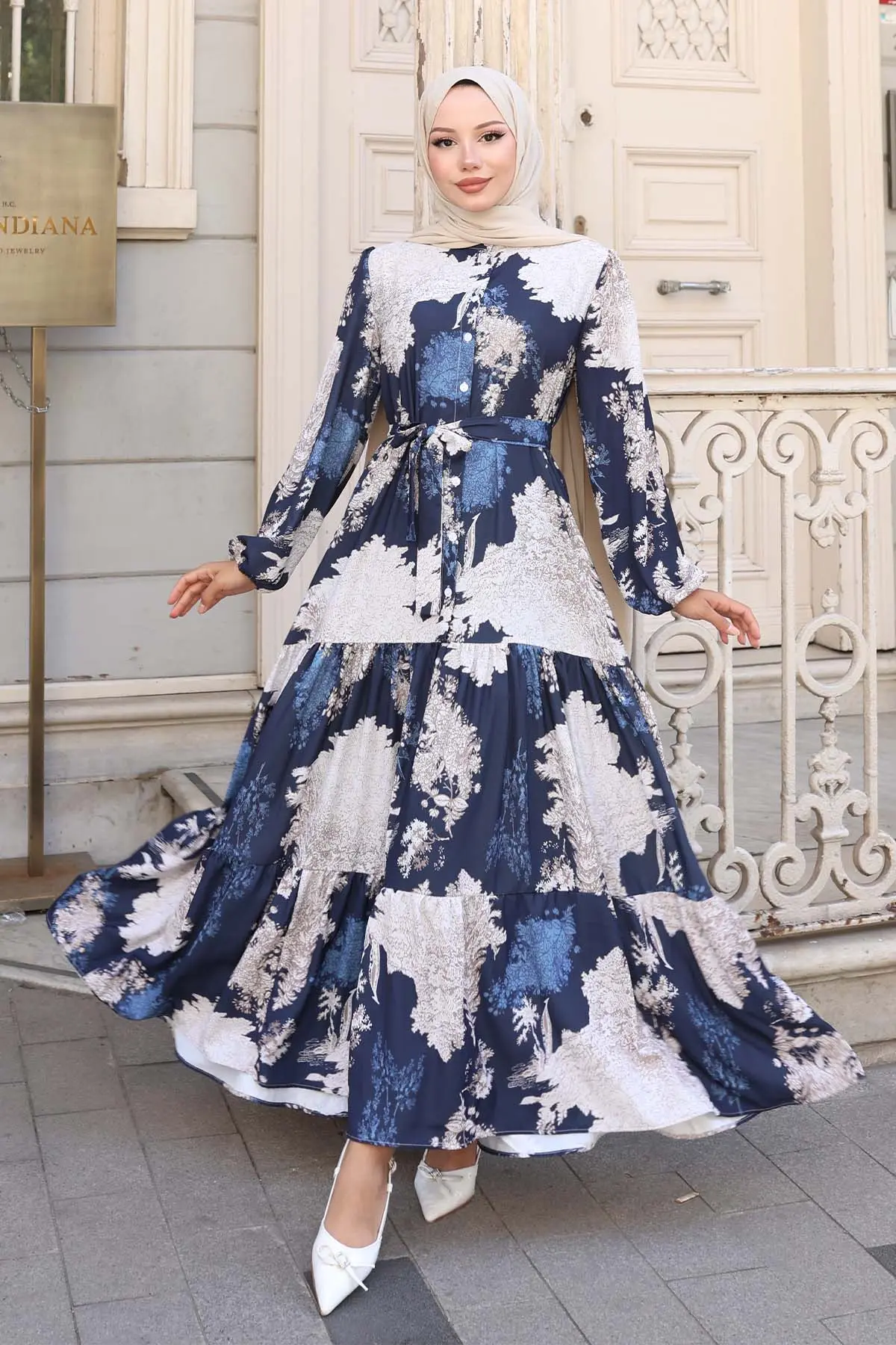 Desenli Tesettür Elbise Lacivert 508-detail