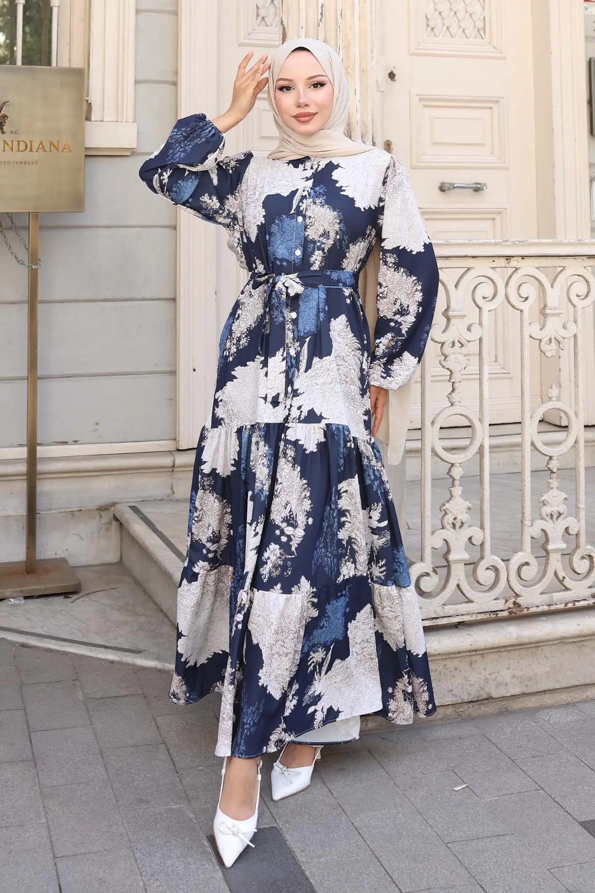 Desenli Tesettür Elbise Lacivert 508-detail
