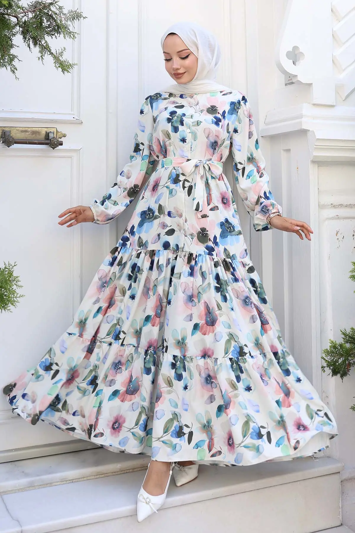 Desenli Tesettür Elbise Lacivert 552-detail