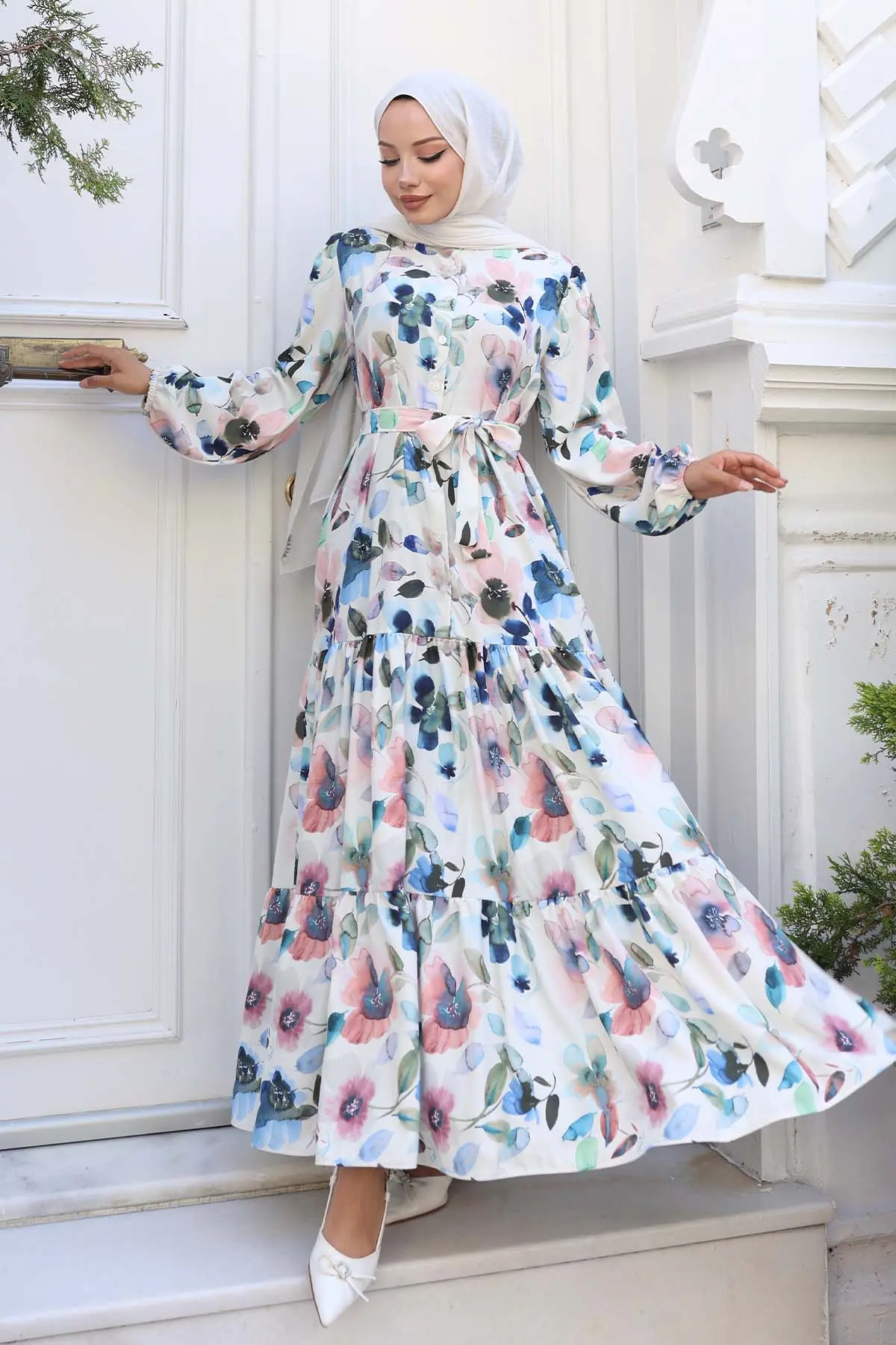 Desenli Tesettür Elbise Lacivert 552-detail