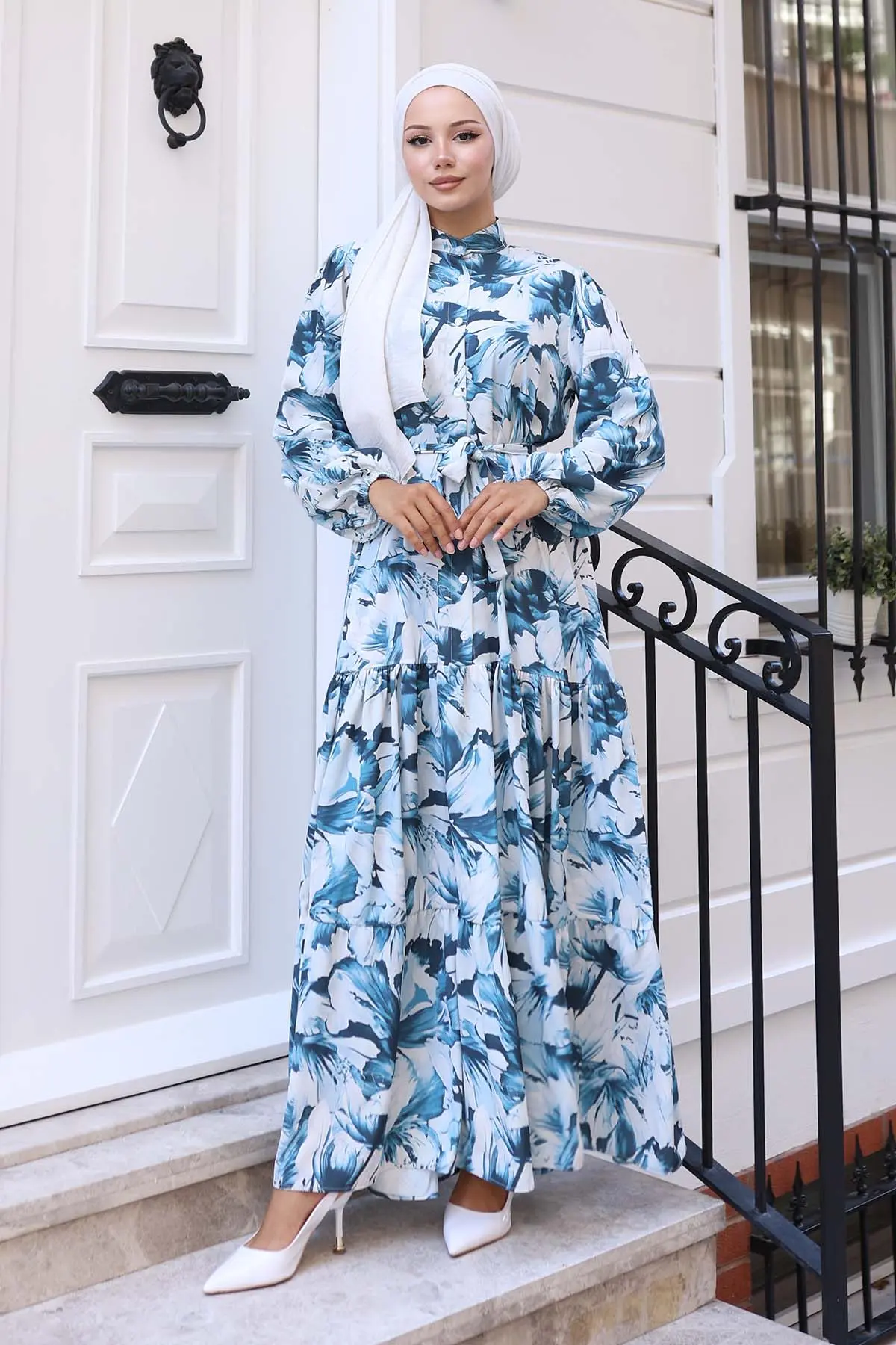 Desenli Tesettür Elbise Lacivert 561-detail