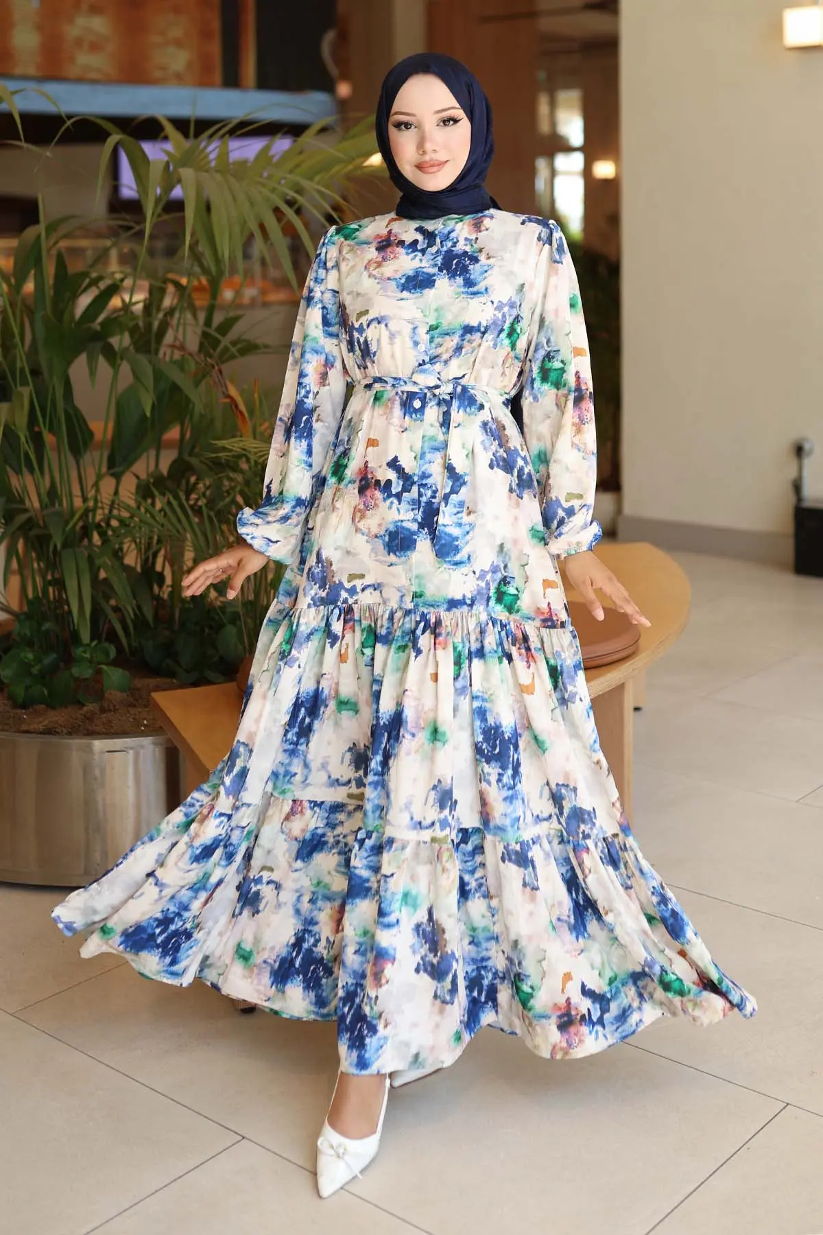 Desenli Tesettür Elbise Lacivert 565-detail