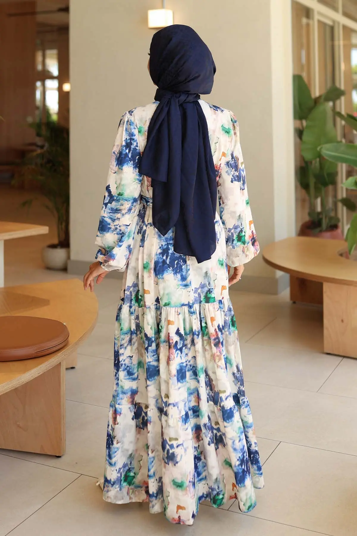 Desenli Tesettür Elbise Lacivert 565-detail