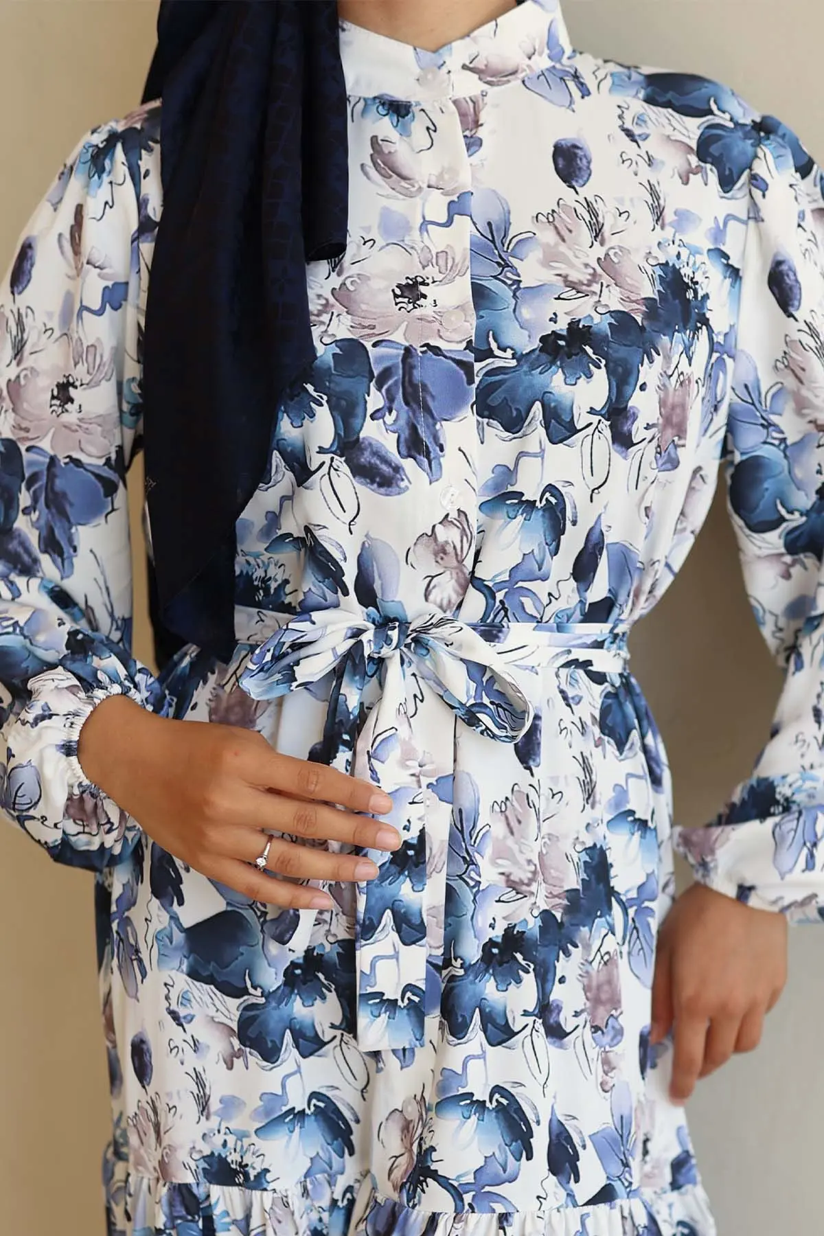 Desenli Tesettür Elbise Lacivert 566-detail