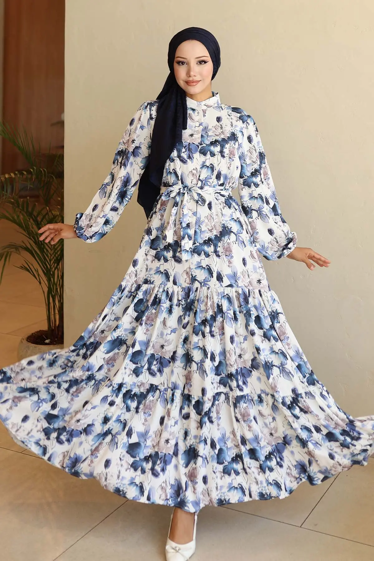 Desenli Tesettür Elbise Lacivert 566-detail