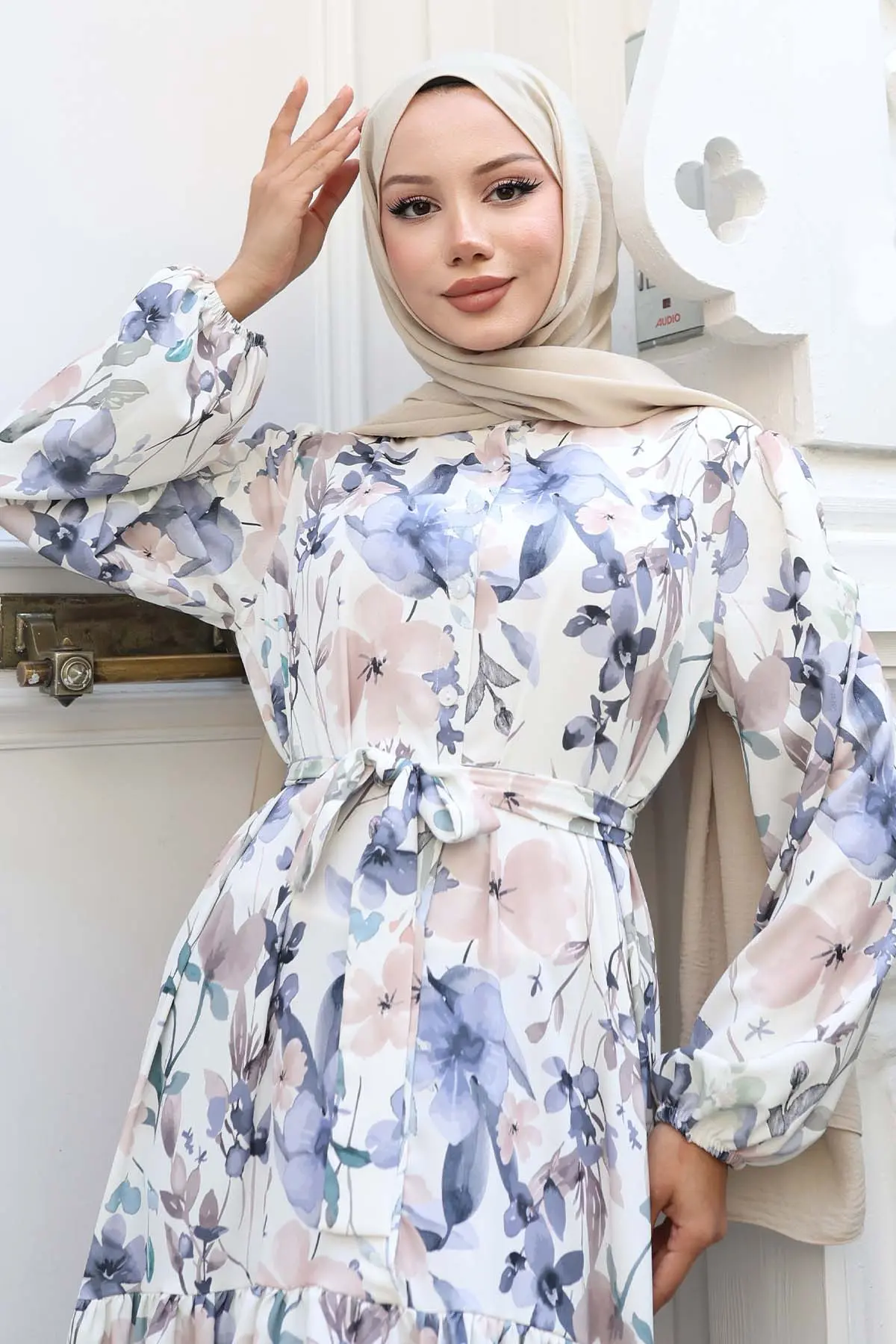 Desenli Tesettür Elbise Lila 515-detail