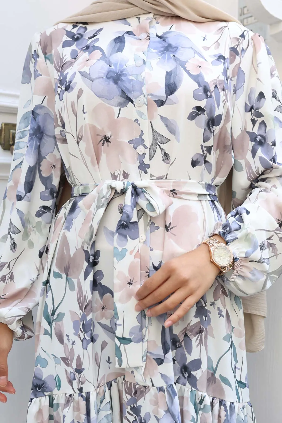 Desenli Tesettür Elbise Lila 515-detail