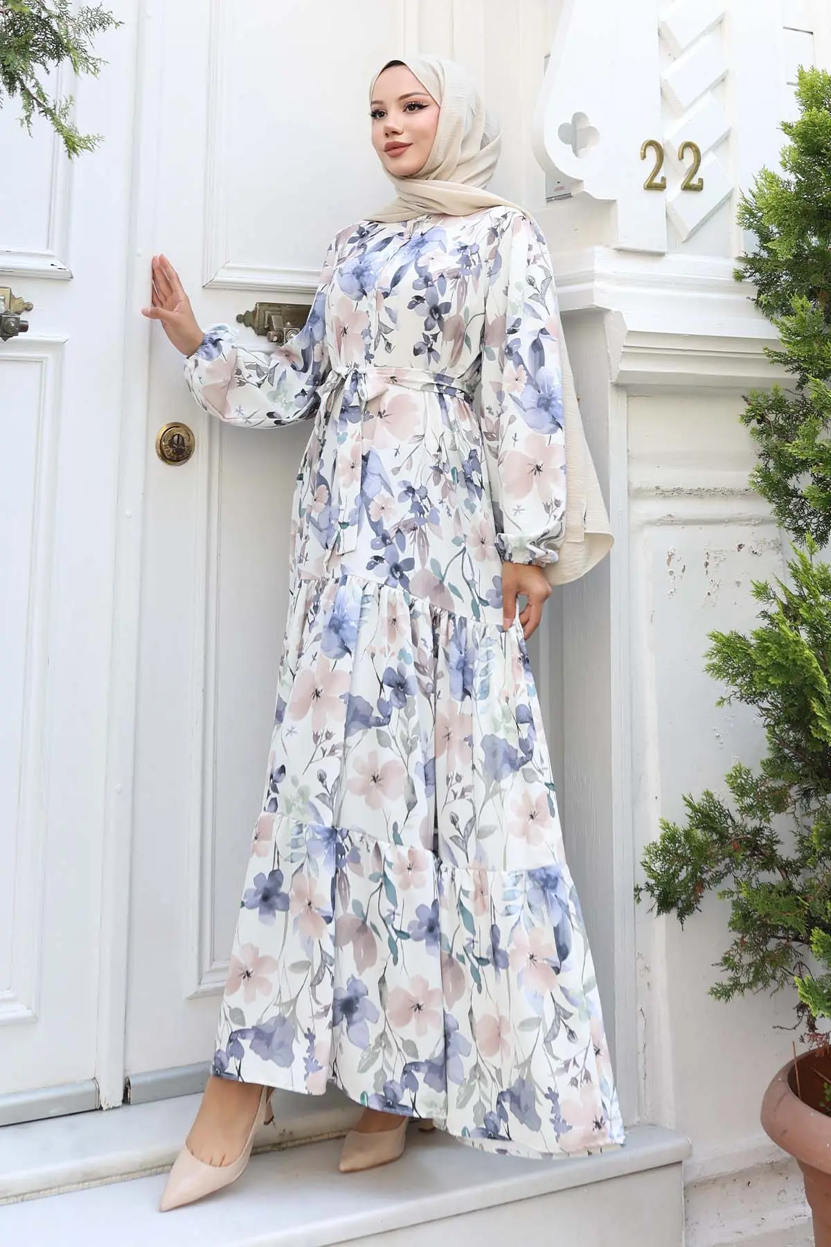 Desenli Tesettür Elbise Lila 515-detail