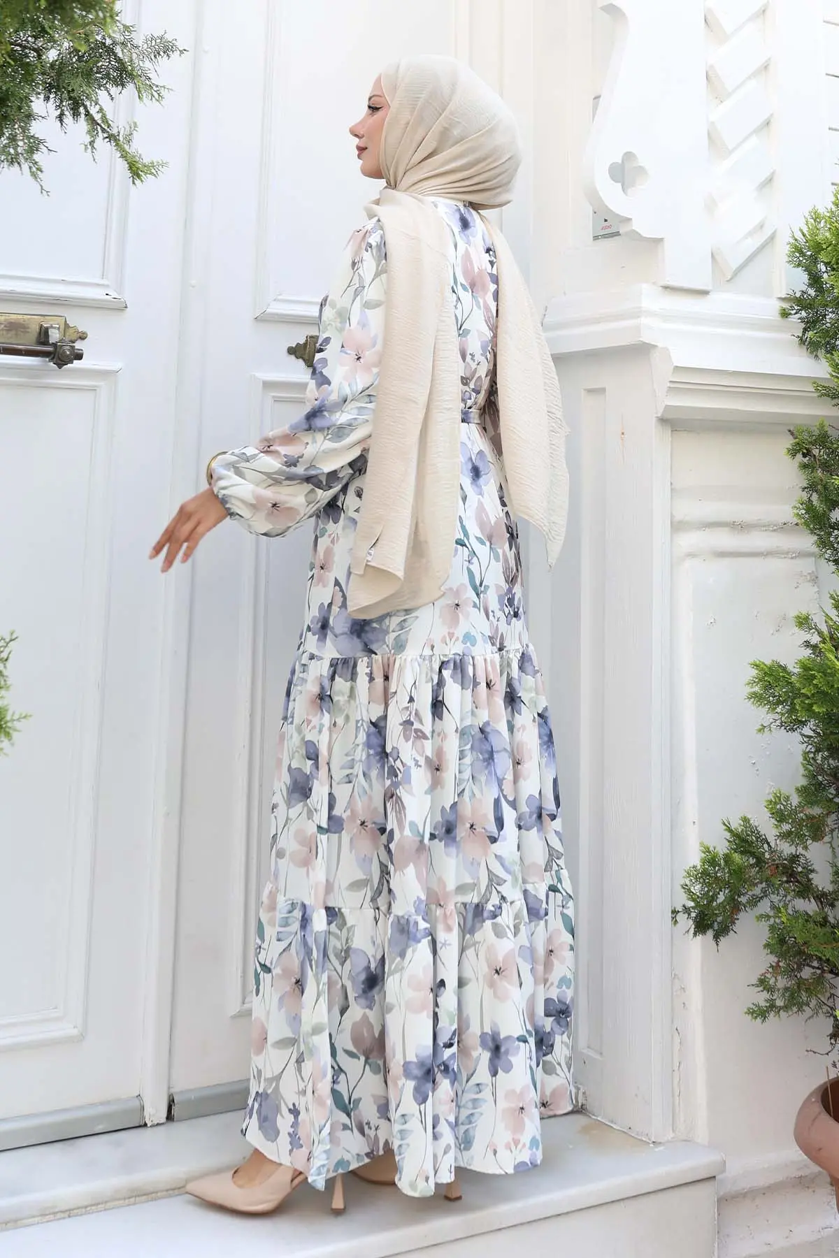 Desenli Tesettür Elbise Lila 515-detail