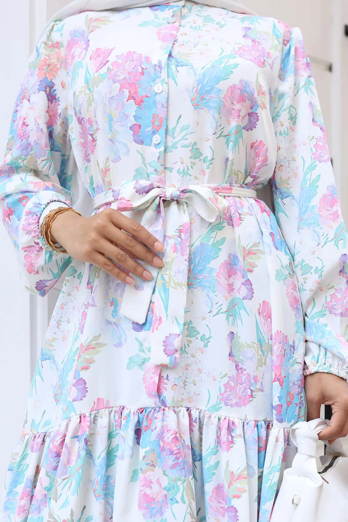 Desenli Tesettür Elbise Lila 521-detail